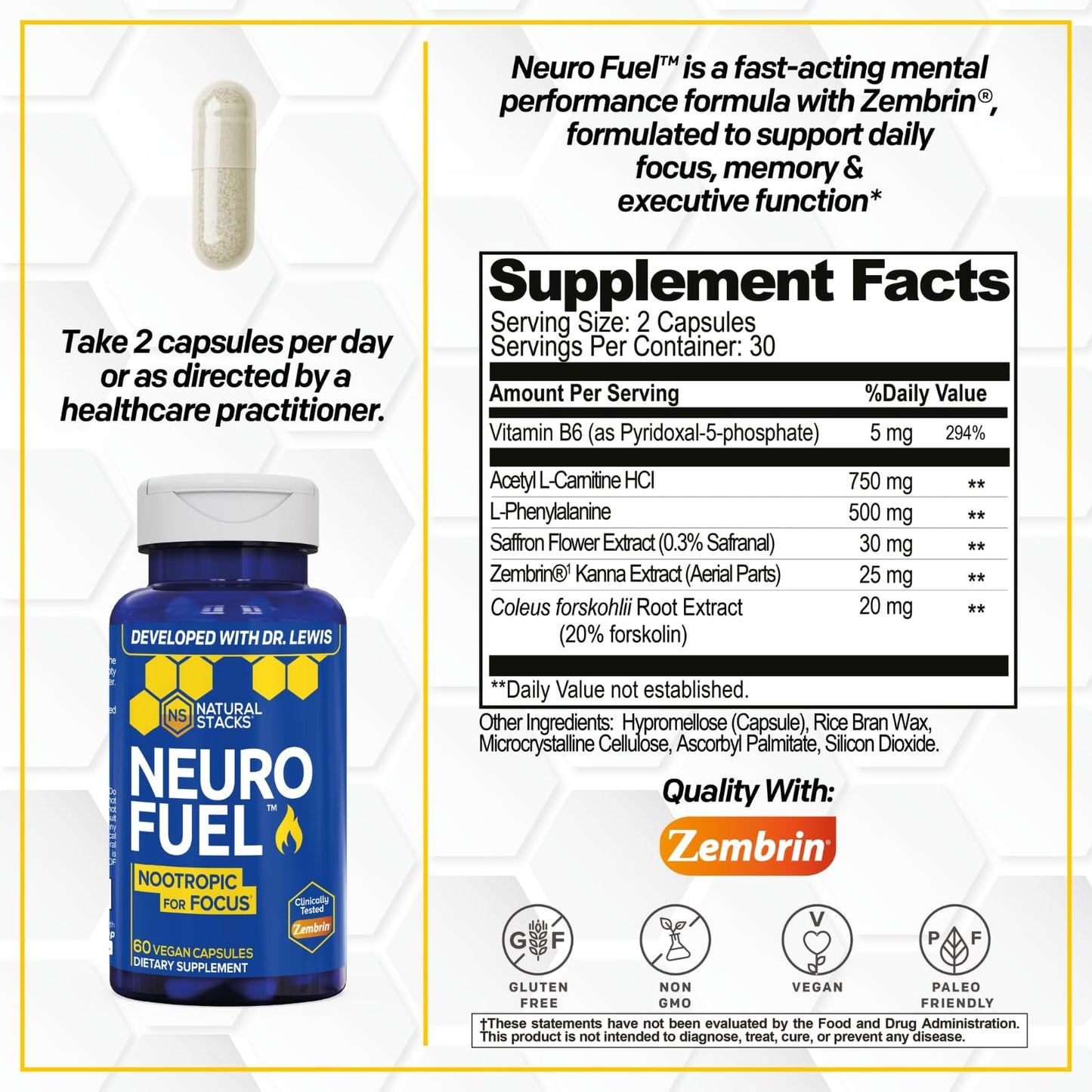 Natural Stacks NeuroFuel Nootropic with Zembrin Capsules, 60 Count
