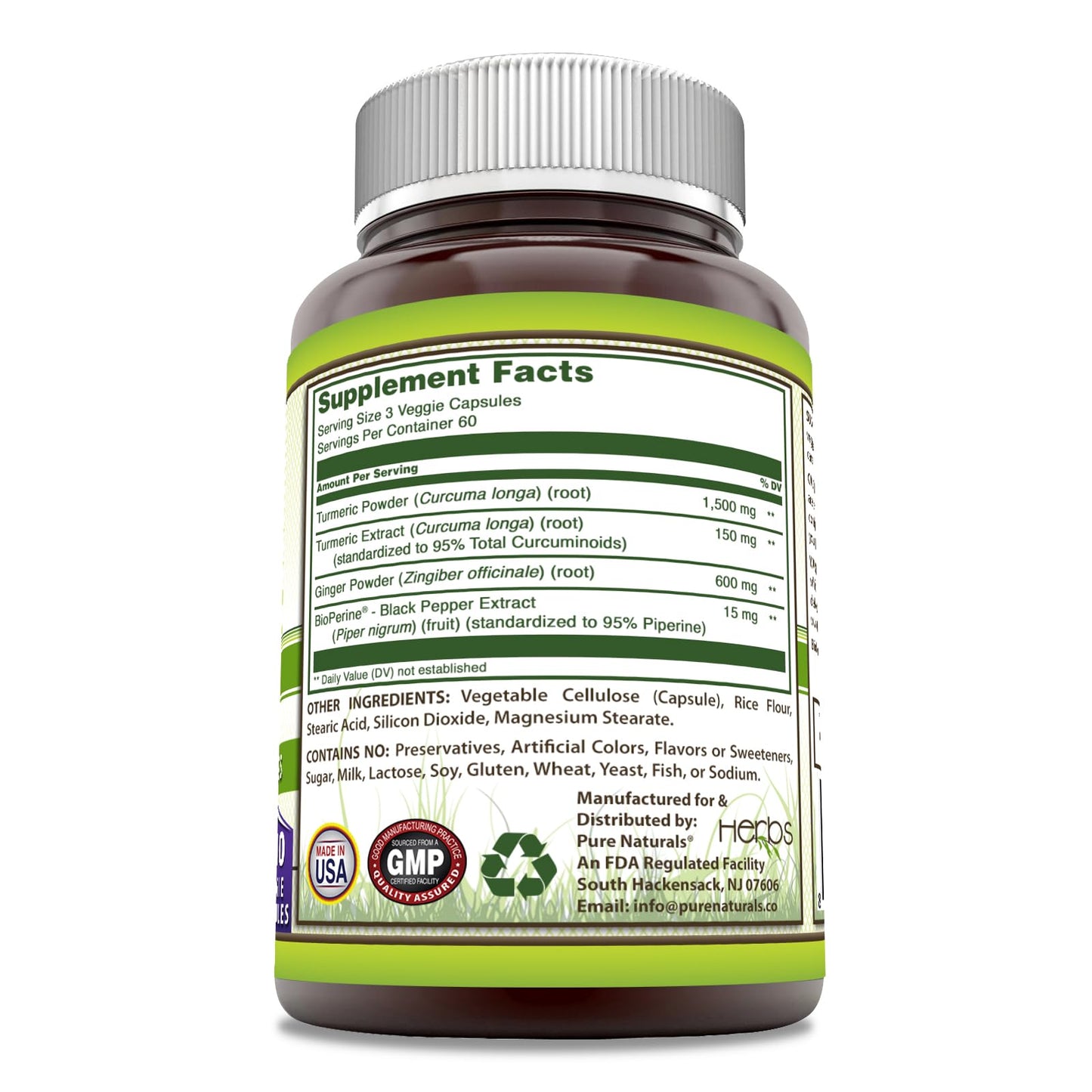 Pure Naturals Turmeric Curcumin & Ginger with BioPerine 2250 mg per Serving, 180 Veggie Capsules