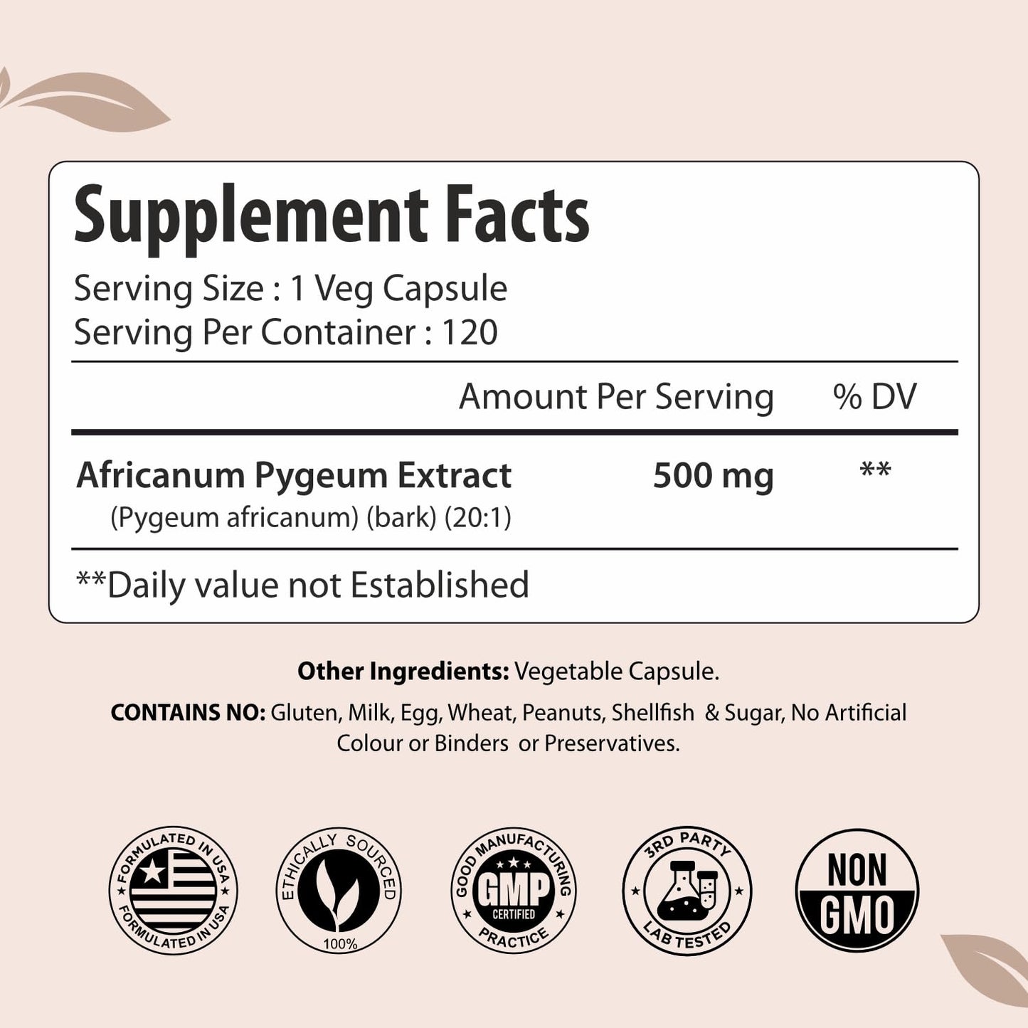 ForestVibe Pygeum Supplement for Men 500mg, Standardized Pygeum Africanum Bark Extract Capsules, 120