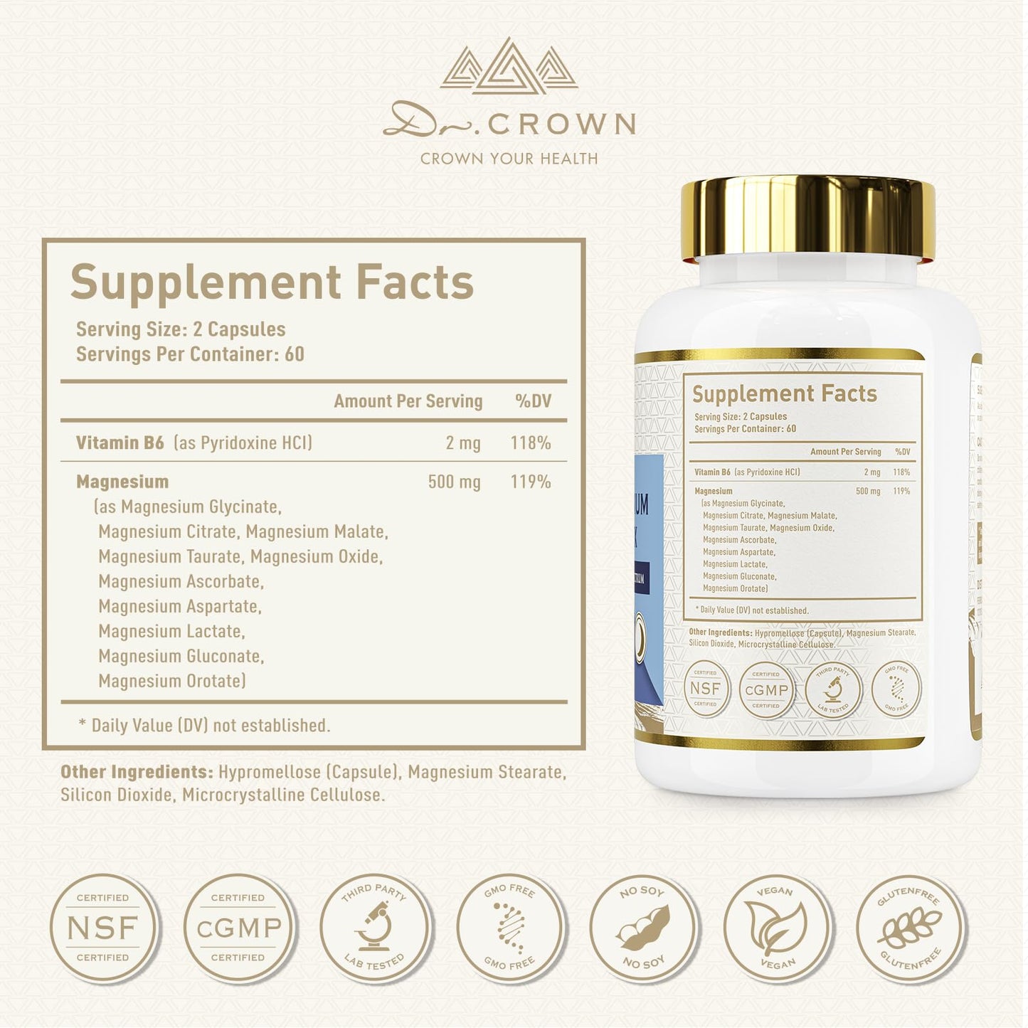 DR. CROWN 10 in 1 Magnesium Complex with Vitamin B6, Higher Absorption Magnesium Supplement for Sleep, Nerves & Heart Health, Bones, Muscle, Recovery, Energy, Vegan Non-GMO, 120 Capsules