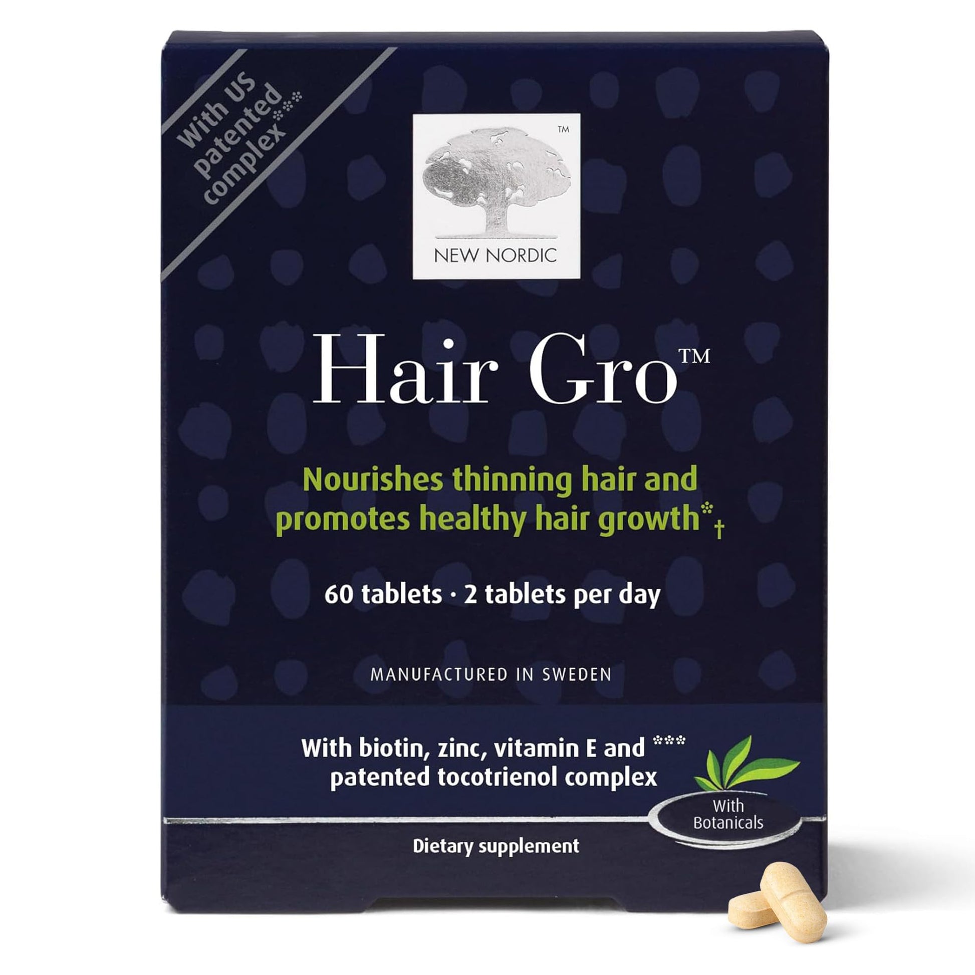 NEW NORDIC Hair GRO, Hair Growth Supplement, Biotin & Palm Fruit Extract Tocotrienols for Natural Regrowth, Tablet, 60 Count