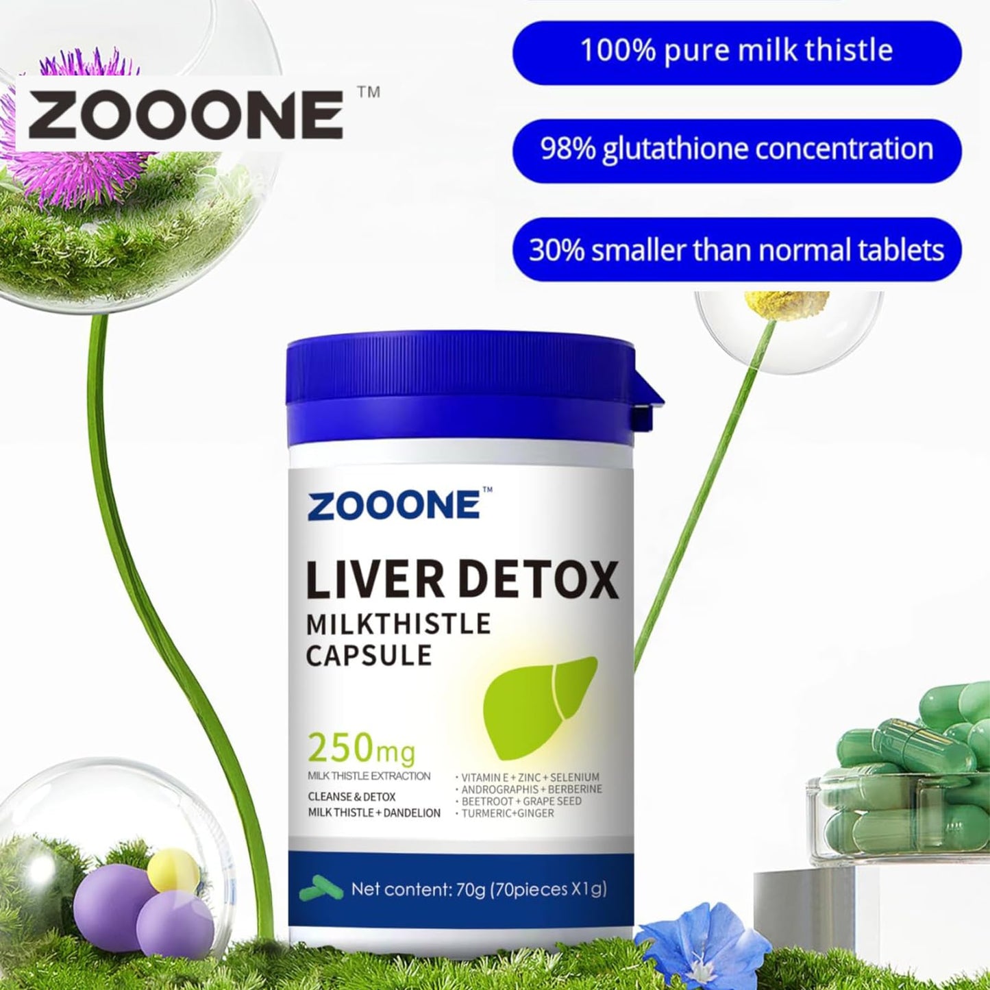 Zooone Liver Cleanse Detox & Repair with Milk Thistle, Dandelion Root, Turmeric & Ginger Capsules - 70 Count