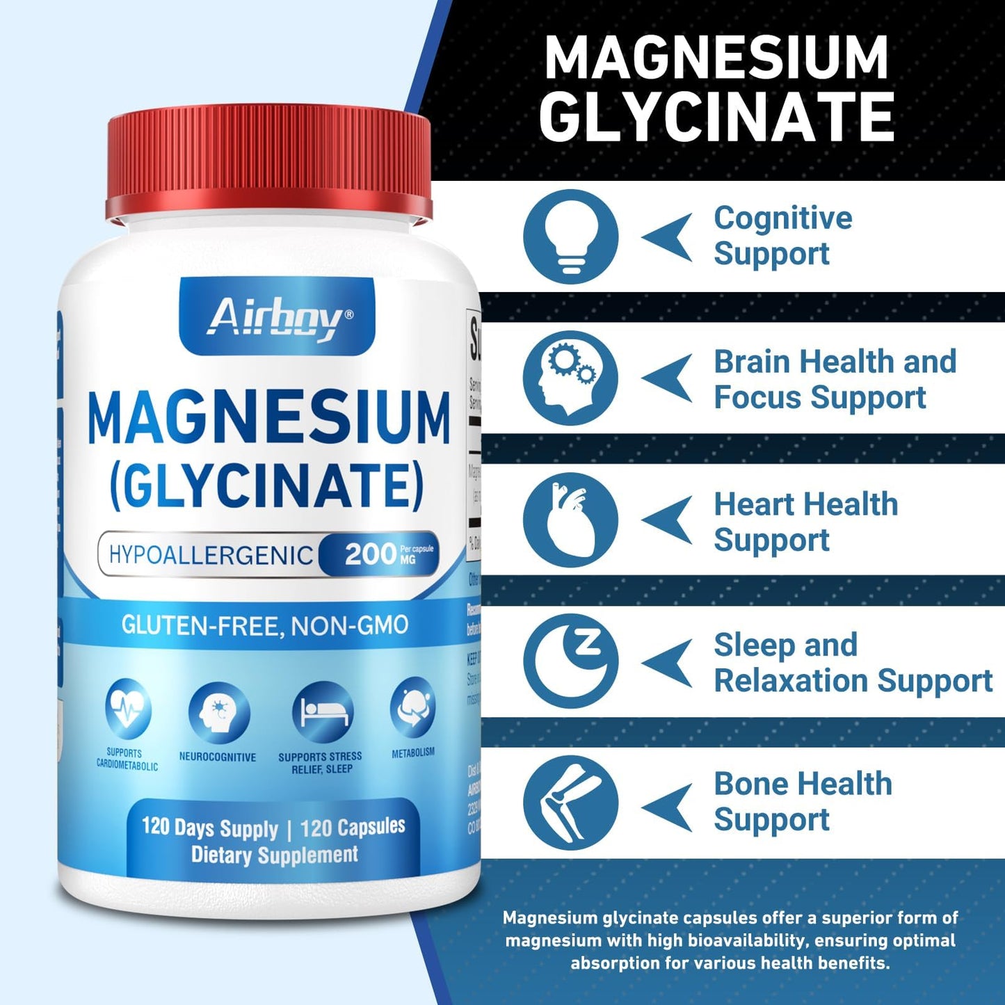 Airboy Magnesium Glycinate 200 mg Capsules, 120 Count