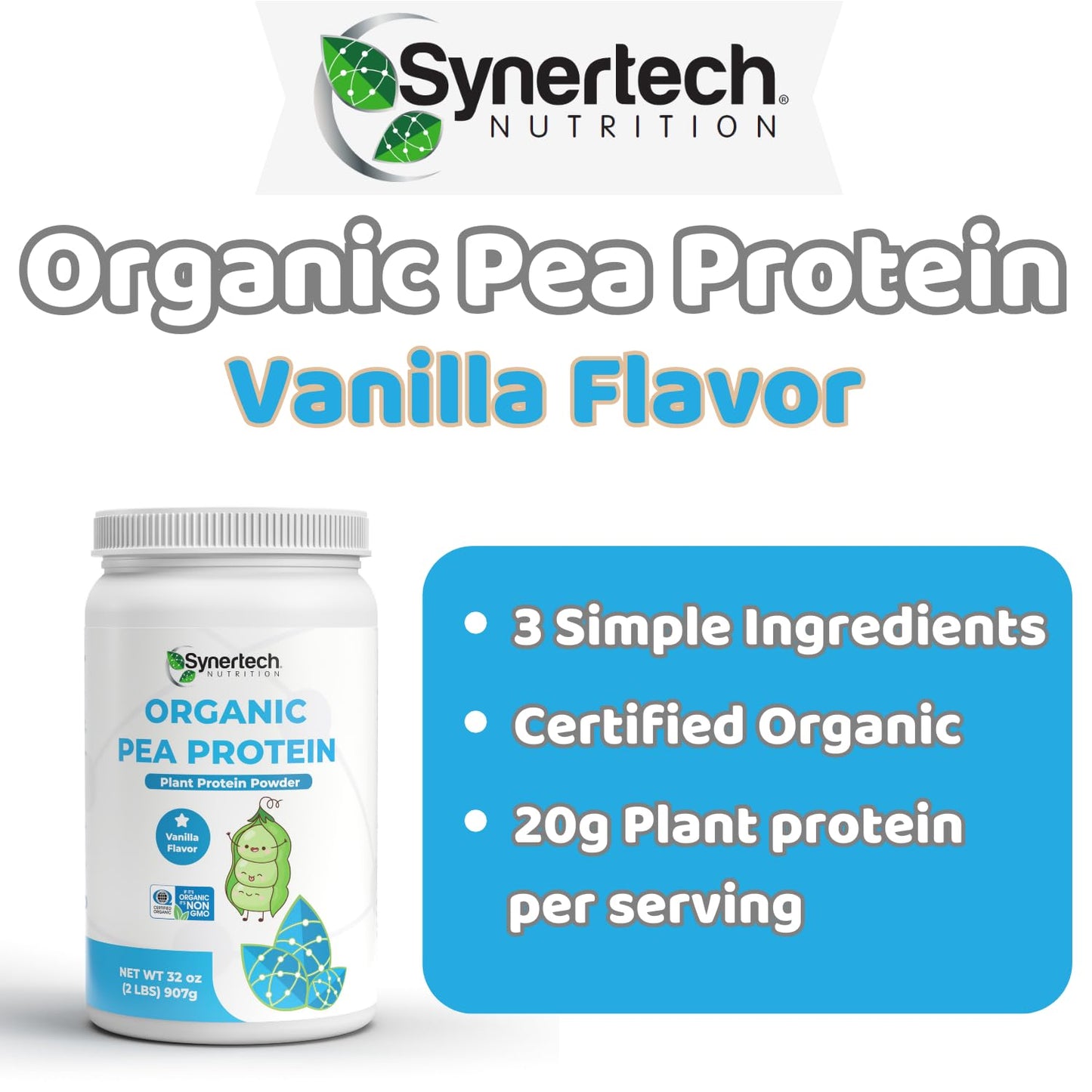 Synertech Nutrition Vegan Vanilla Flavored Plant-Based Pea Protein Powder, 32 Servings