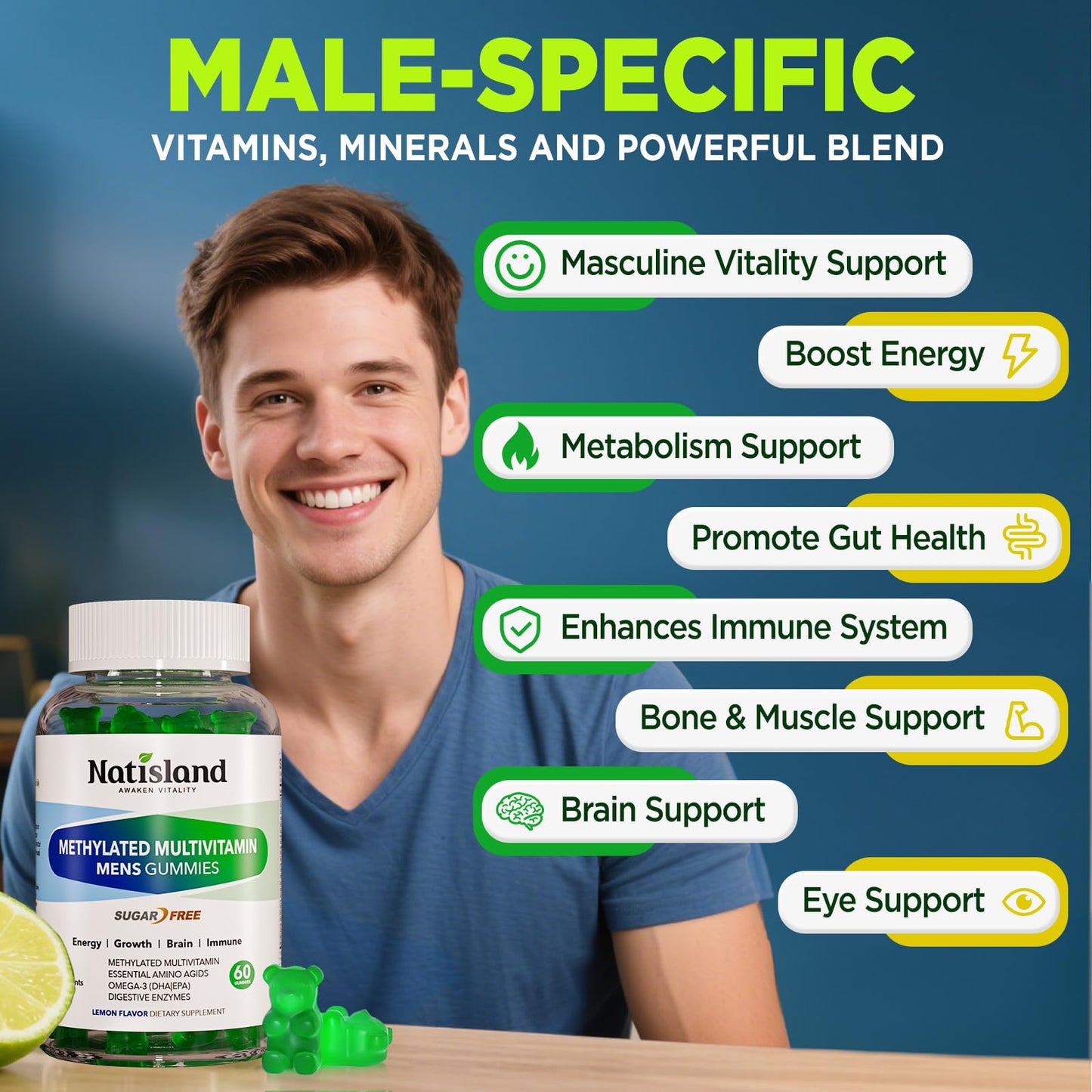 NATISLAND Methylated Multivitamin for Men Gummies 60 Count