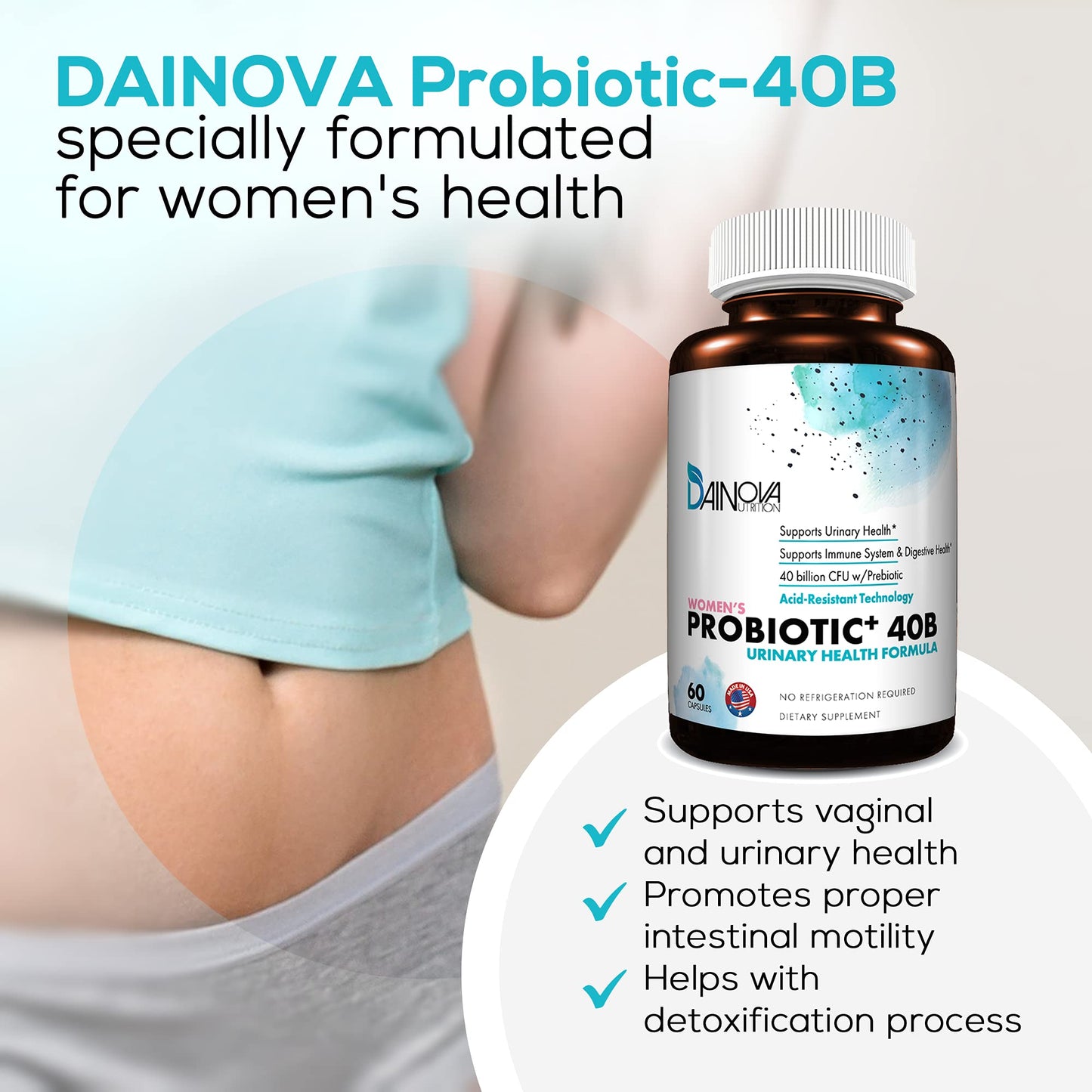Dainova Nutrition Probiotics for Women Vaginal Health, Urinary Tract Health & Yeast Infection, 40 Billion CFU with Prebiotics, 60 Capsules
