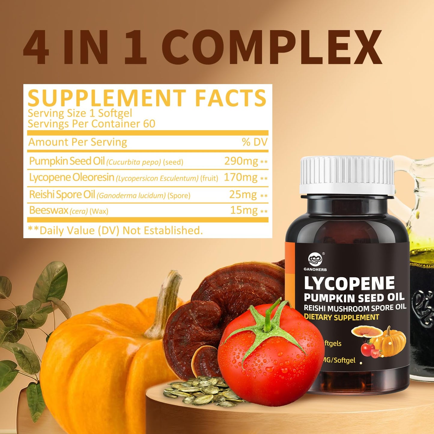 GANOHERB Pumpkin Seed Oil Lycopene Supplement, Cold Pressed Pumpkin Seed 3 in 1 Hair Growth Supplement with Reishi Mushroom Spore Oil for Urinary and Prostate Health, 60 Capsules