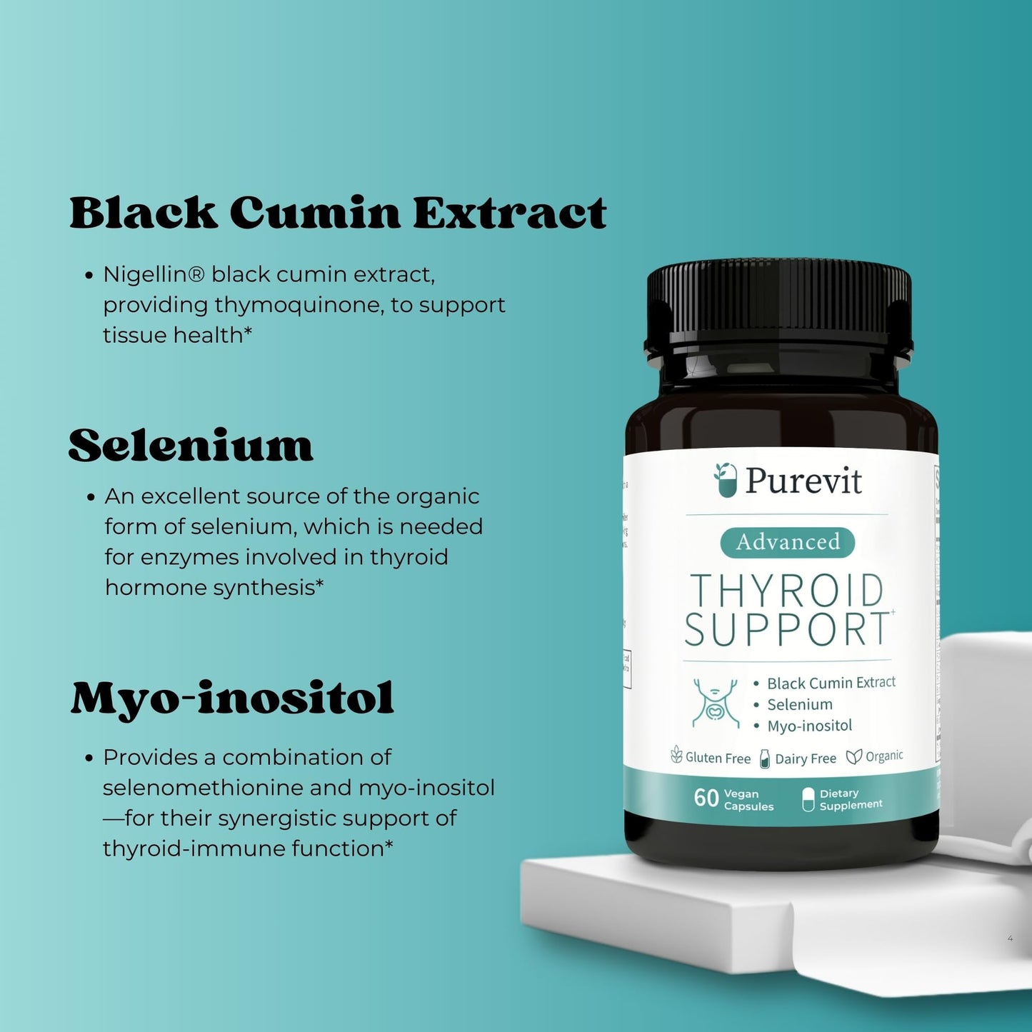 Purevit Advanced Thyroid Support Supplement with Black Cumin Extract, Selenium, Myo-inositol, Thyroid Support for Hashimotos and Hypothyroidism, 60 Capsules