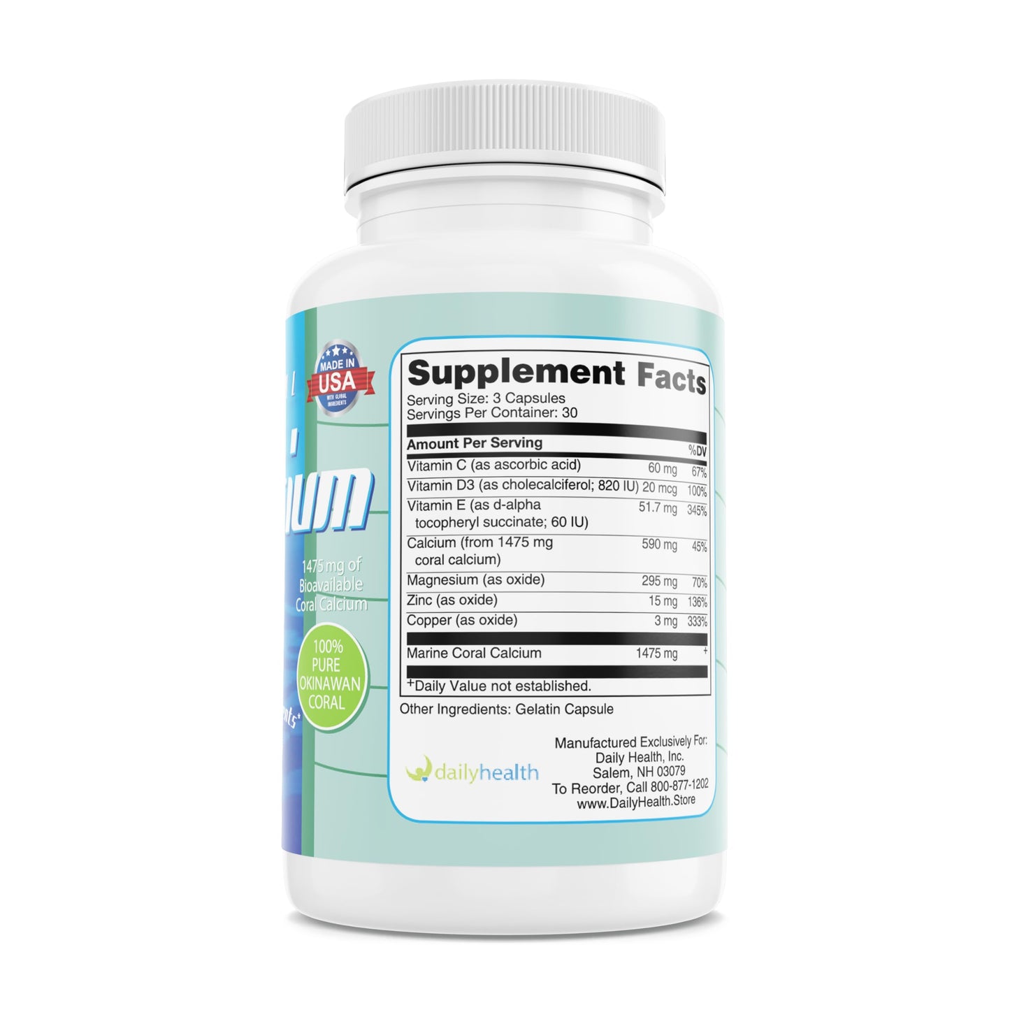 Daily Health Coral Calcium Pure Okinawa Marine-Grade Supplement with 72 Trace Minerals 1475mg, 90 Vegetable Capsules