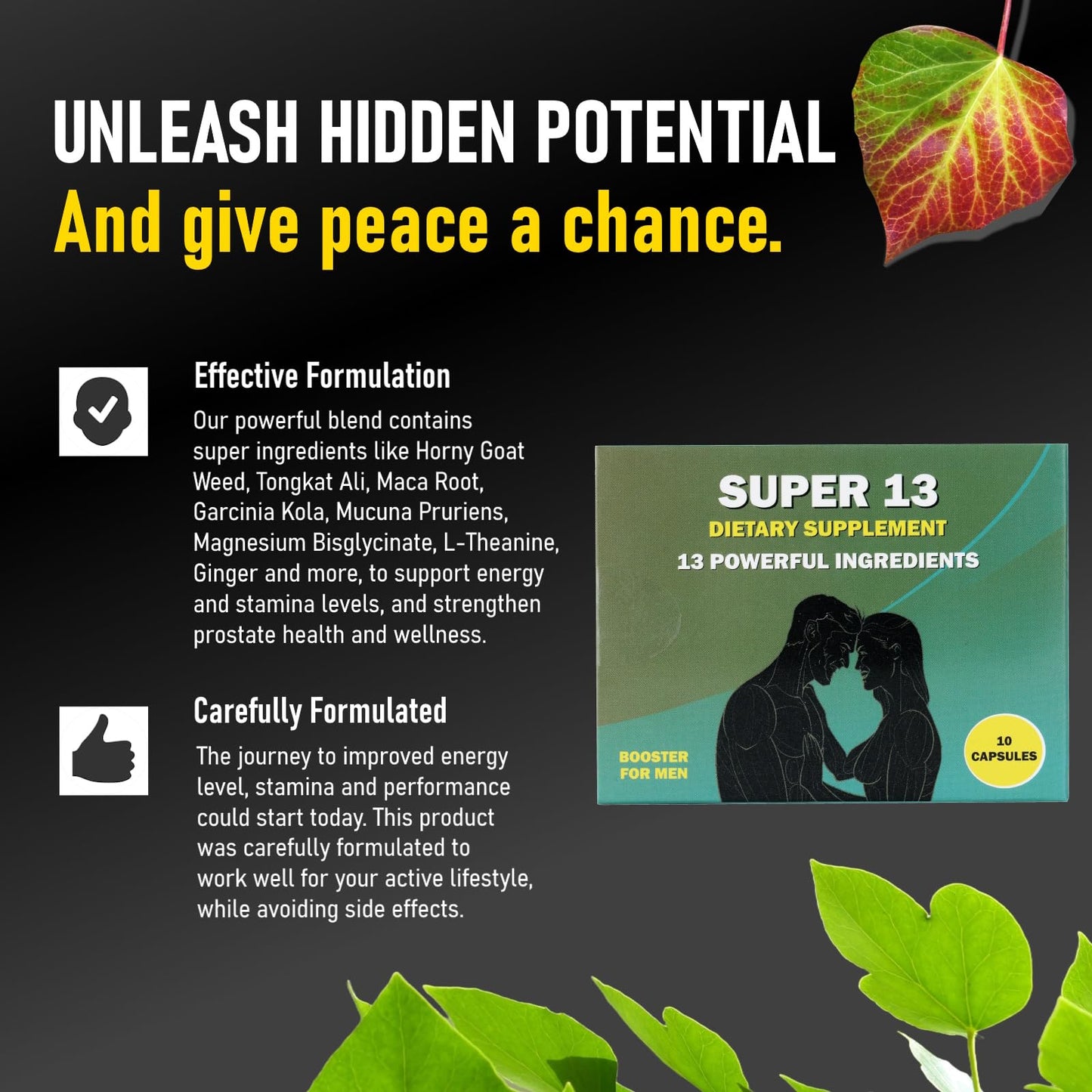 GLADTON Super 13 Fast Acting Herbal Male Supplement for Men, 13 Potent Ingredients, Horny Goat Weed, Tongkat Ali, Maca & More, Energy Vitality Stamina Endurance & Performance, Capsules, 10 Count