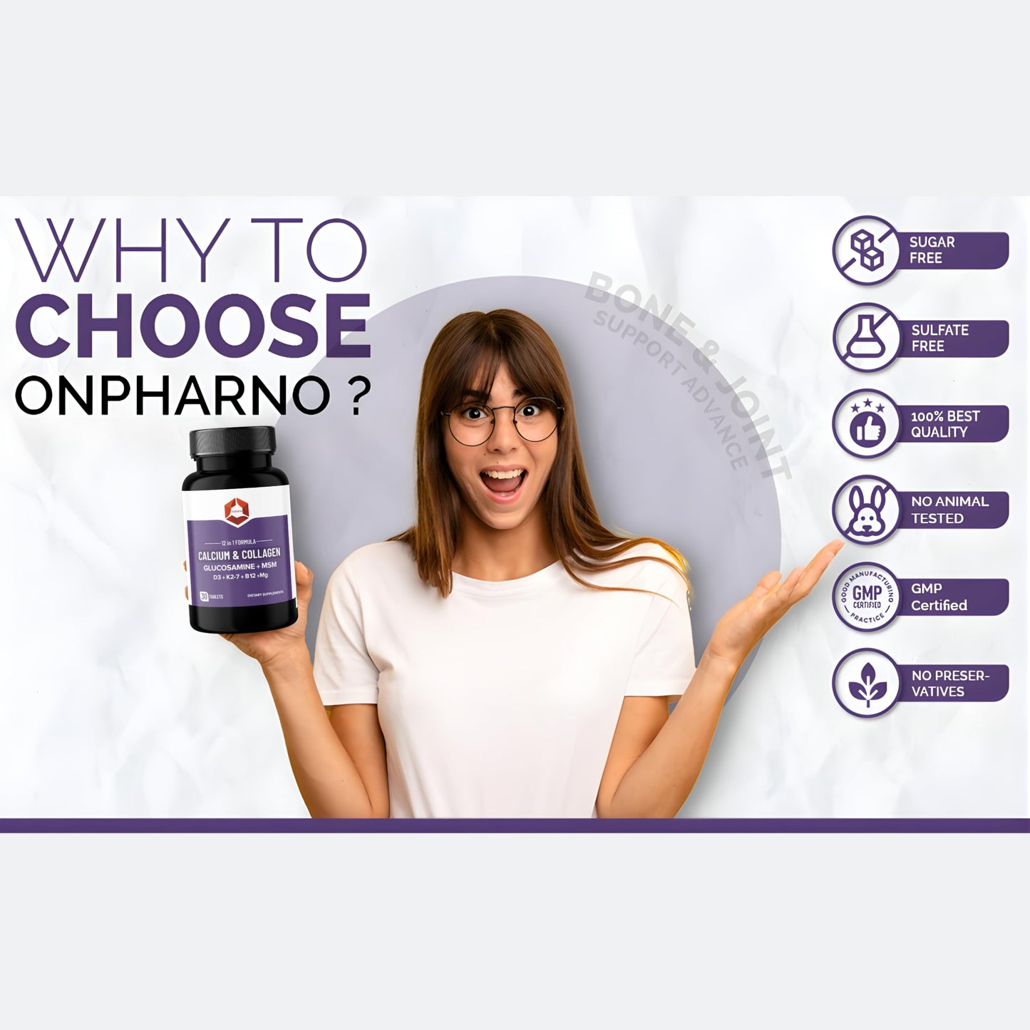 Onpharno 12-in-1 Calcium & Collagen Supplement – Glucosamine, MSM, D3, K2-7, B12, Magnesium – 30 Tablets