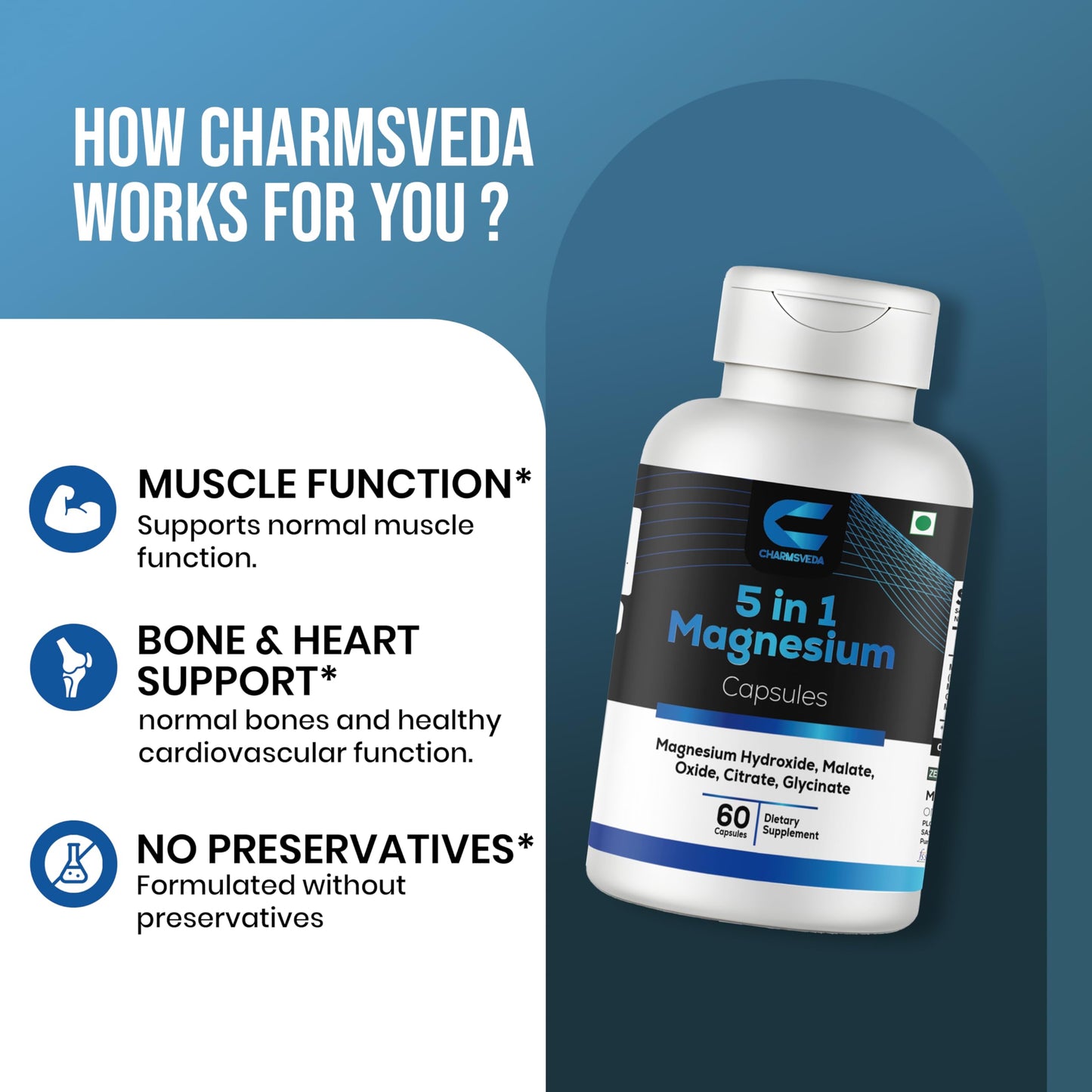 CHARMSVEDA 5-in-1 Magnesium Complex Capsules 500mg – Magnesium Glycinate, Citrate, Malate, Oxide & Hydroxide – Vegan Supplement – 60 Capsules