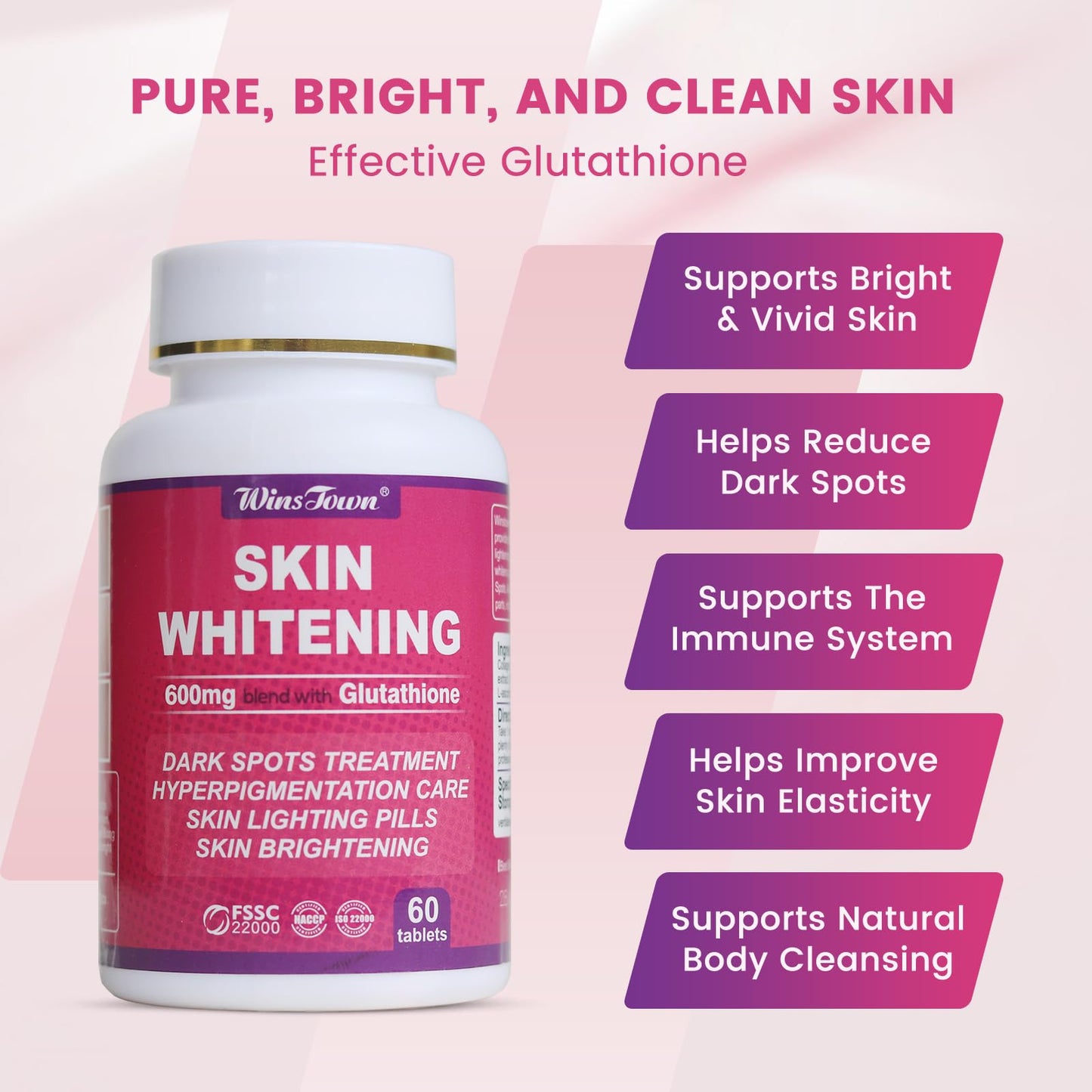 AIHIYO Skin Whitening Pill 600mg Glutathione Supplement for Dark Spots, Melasma & Acne Scar Remover, 60 Tablets