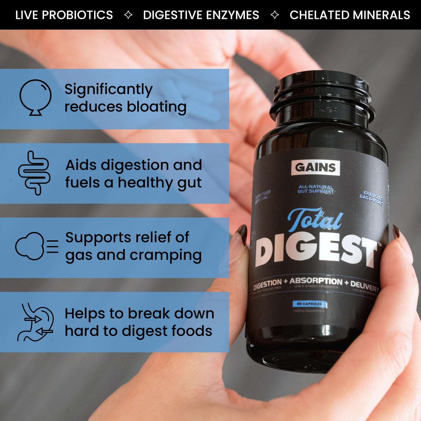 Gains in Bulk Total Digest Digestive Enzymes, Prebiotics and Probiotics for Digestive Health, Bloating Support, Gut Health for Women and Men, Promotes Protein, Carb and Fat Digestion, 270 Capsules