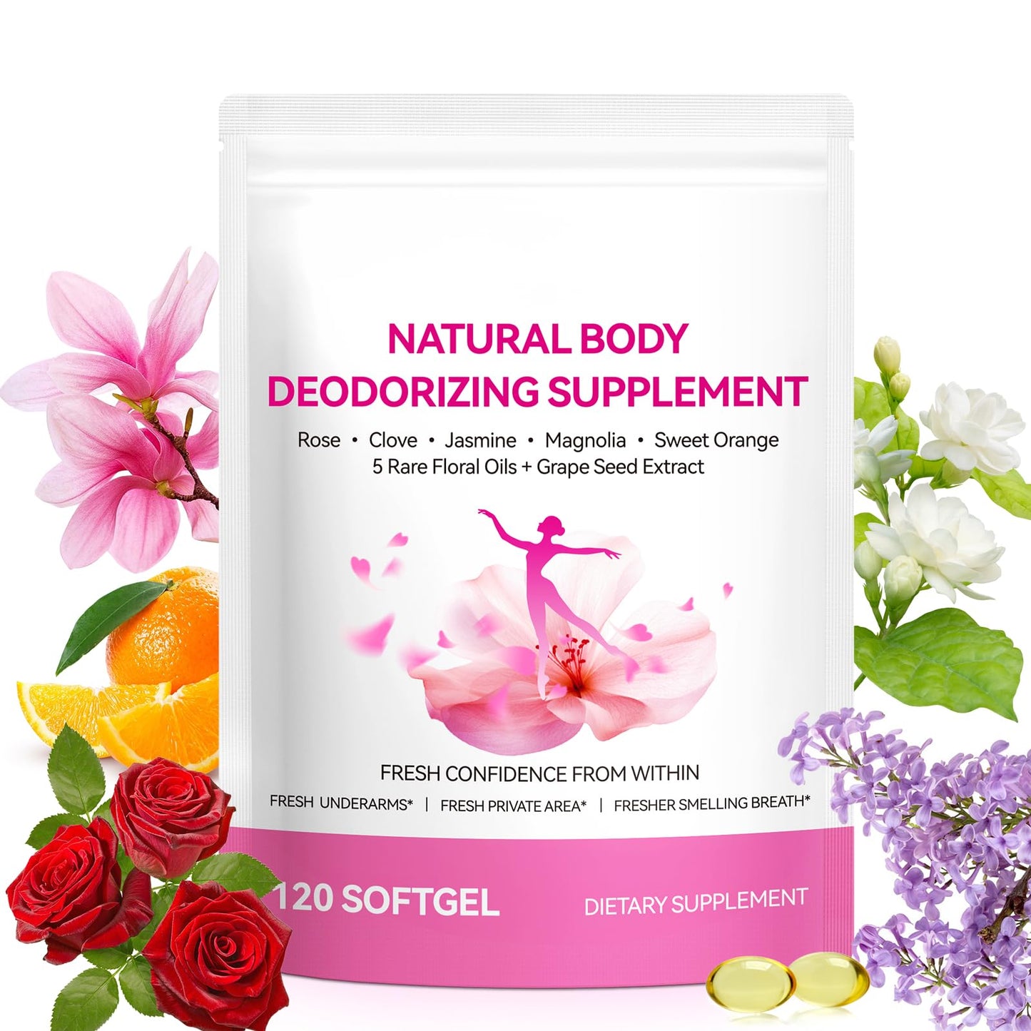 Chenyayun Internal Deodorant Supplement for Women Freshness, 5-In-1 Floral Essential Oil Blends, Antioxidant Softgels, 120 Count