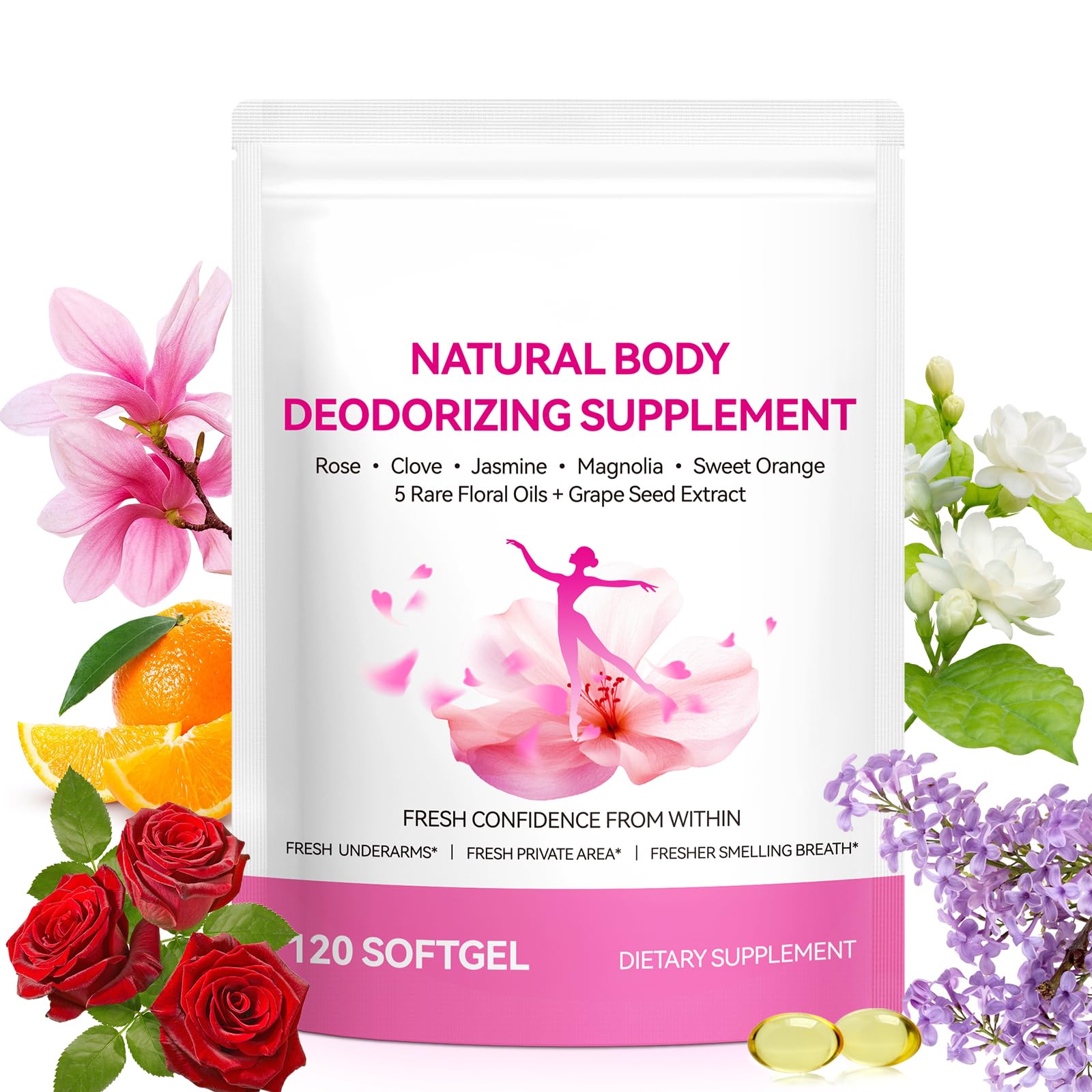 Chenyayun Internal Deodorant Supplement for Women Freshness, 5-In-1 Floral Essential Oil Blends, Antioxidant Softgels, 120 Count