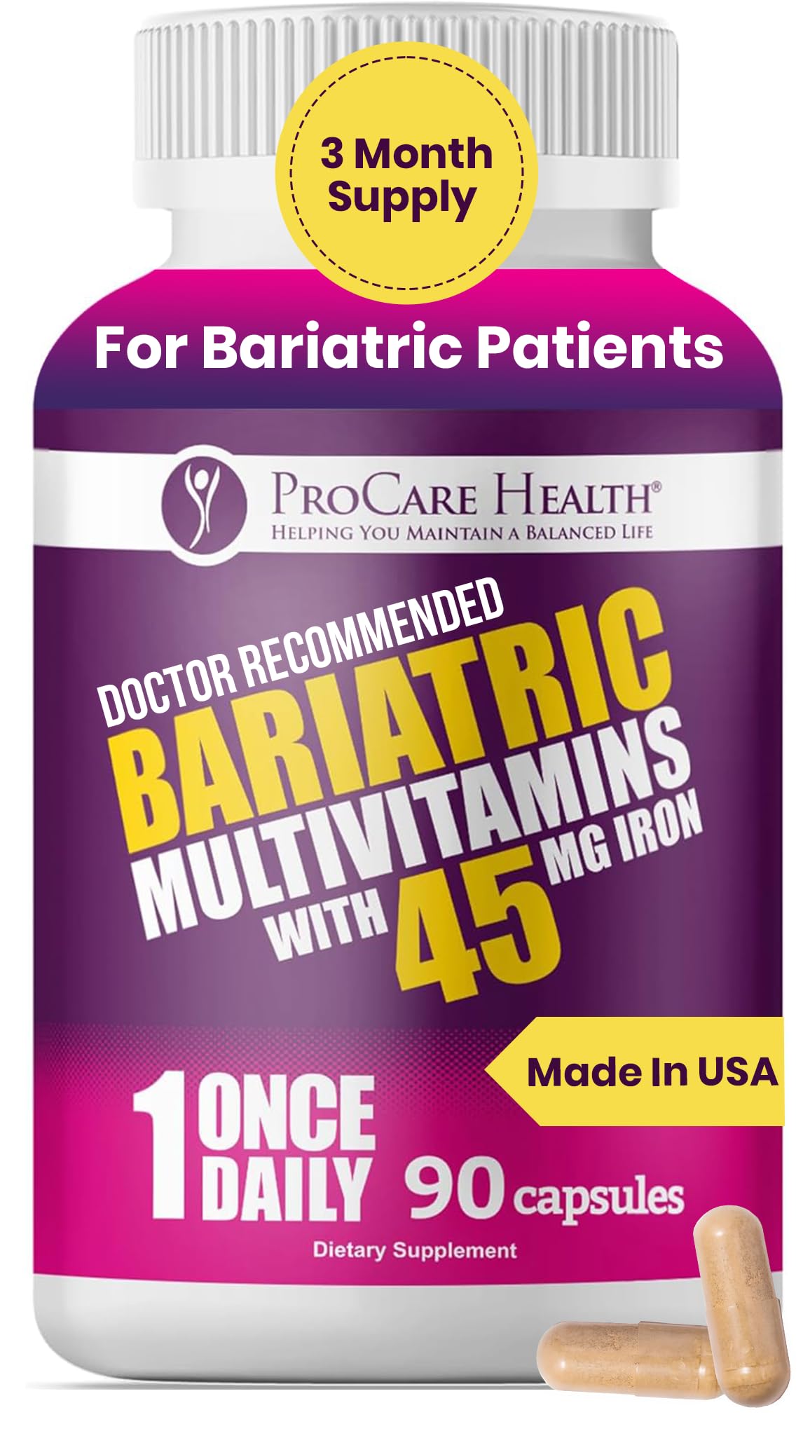 ProCare Health Bariatric Multivitamin 45mg Iron Capsule, 90 Count