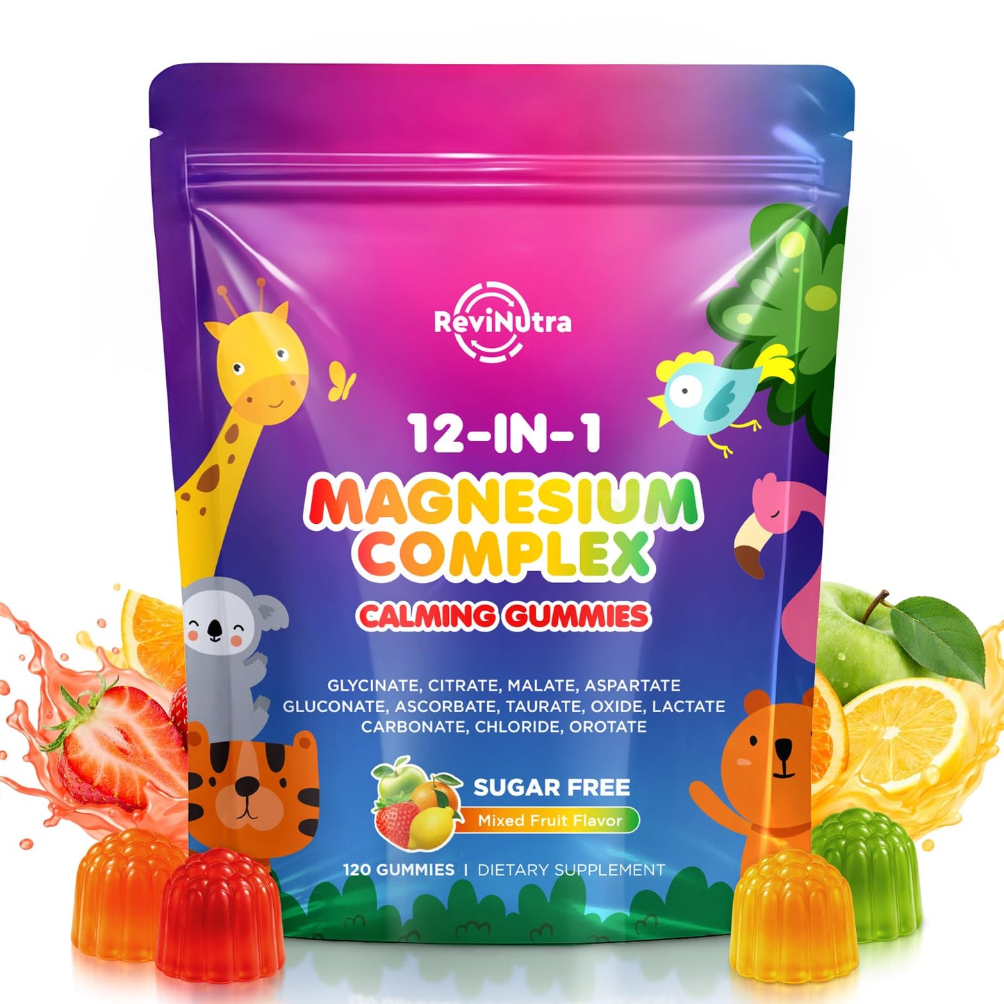 ReviNutra Magnesium Complex 12 in 1 Gummies with Glycinate, Citrate, Malate, Oxide, Taurate & More, Sugar Free Mixed Fruit, 120 Count