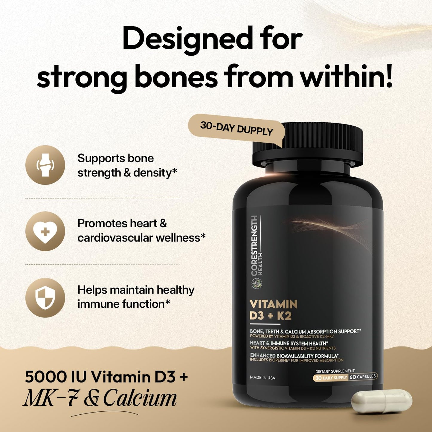 CoreStrength Health LLC Vitamin D3 5000 IU with Vitamin K2 MK7 Capsule, 60 Capsules