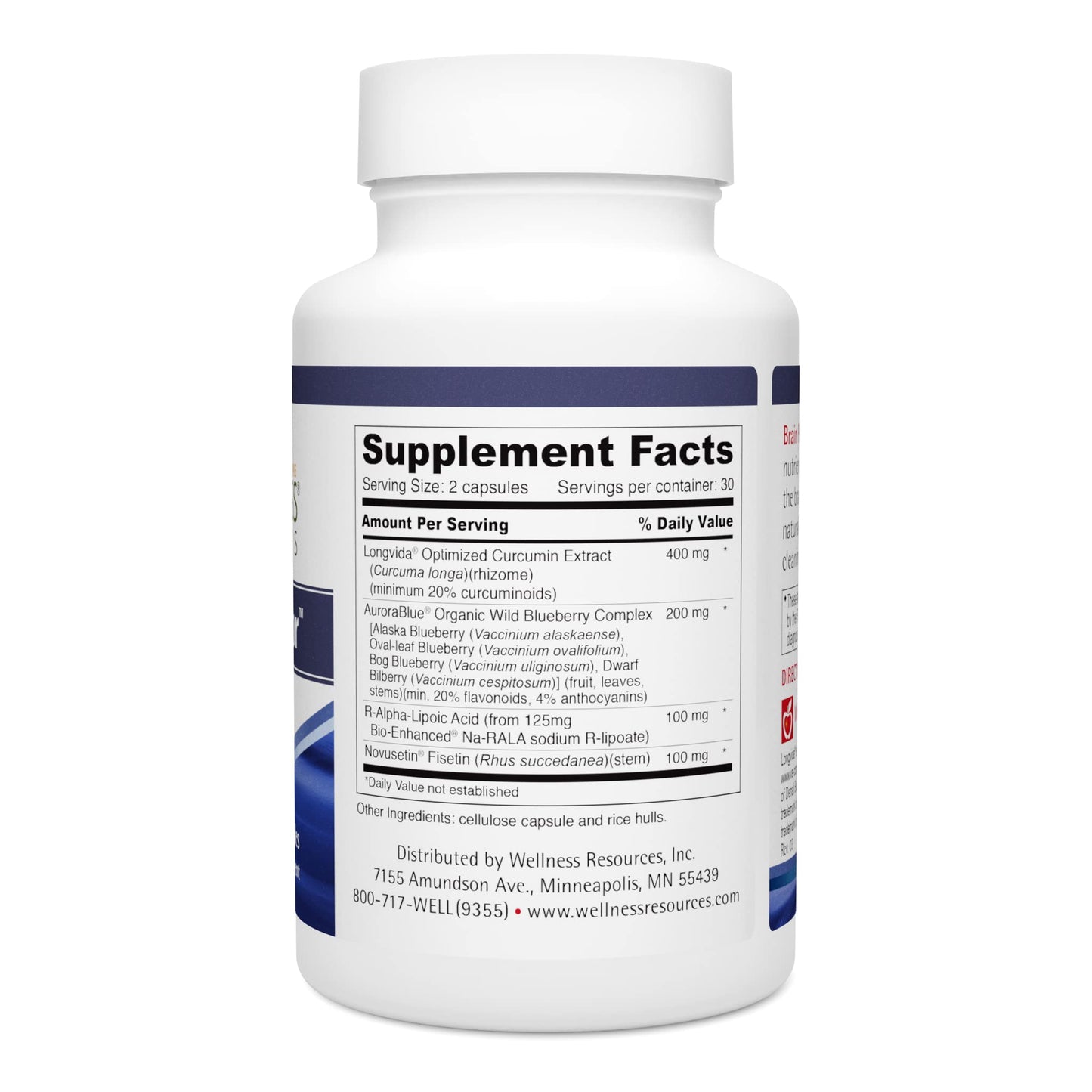 Wellness Resources Brain Protector Longevity Supplement with Novusetin, Fisetin, Longvida Curcumin, AuroraBlue Wild Blueberry and na-RALA, Senolytic, Nerve & Brain Support, 60 Capsules