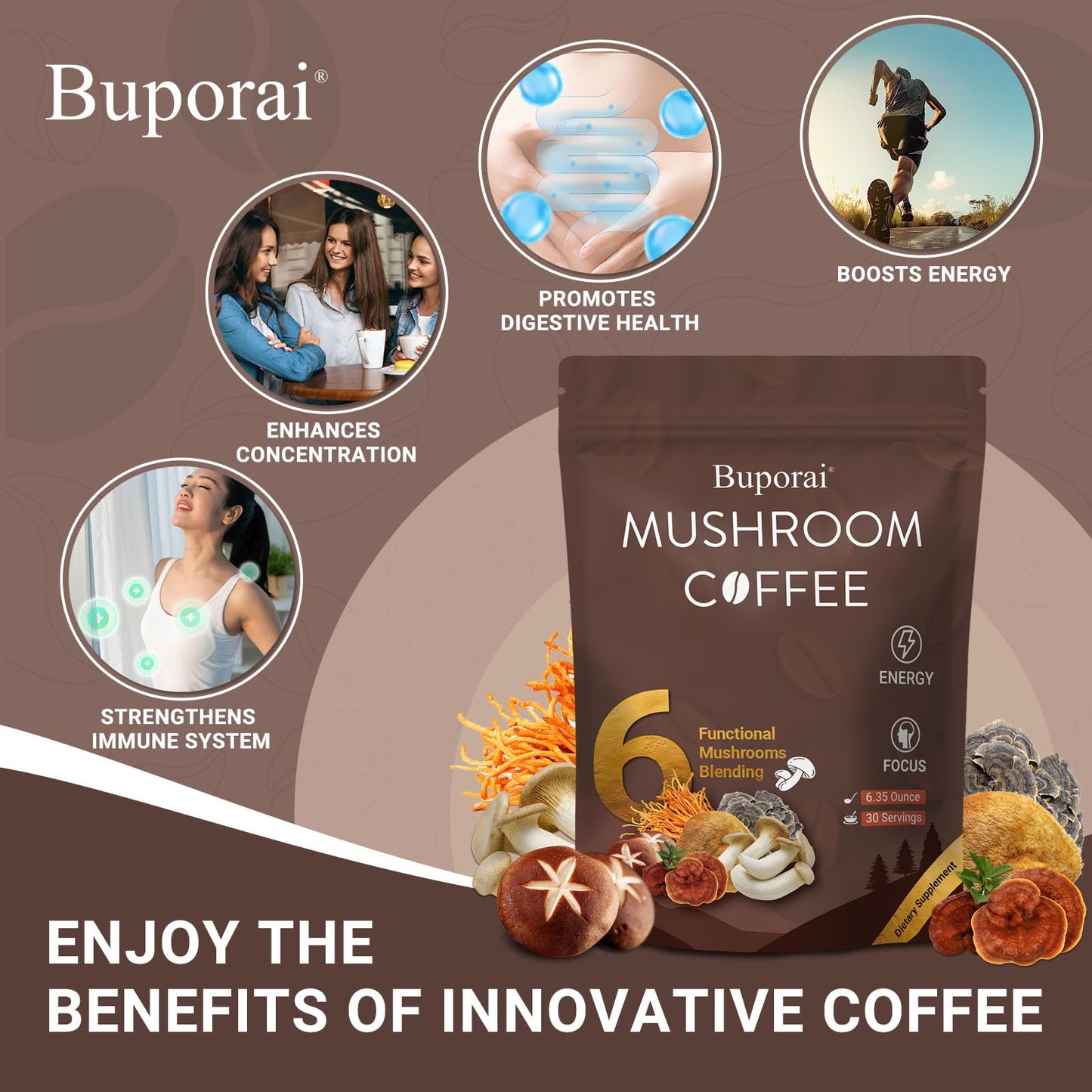 Buporai Mushroom Coffee Powder, Instant Coffee with 6 Mushrooms (Lion’s Mane, Cordyceps, Turkey Tail & Other) for Energy, Focus, Digestion, Immunity, 1 Pack