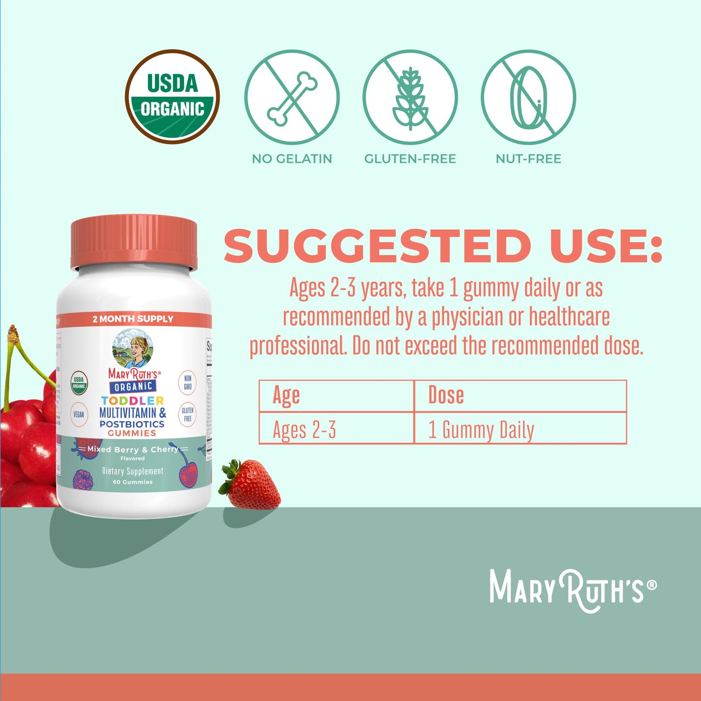 MARYRUTH'S Organics Toddler Multivitamin Gummies + Postbiotics, 60 Count
