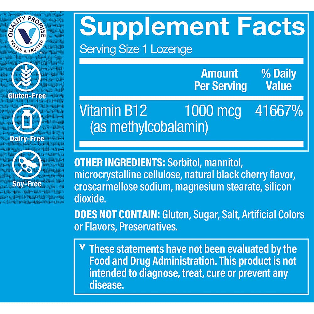 The Vitamin Shoppe Vitamin B12 1000mcg Lozenge, Energy Production, Nervous System & Red Blood Cell Support, Daily B Vitamin, 1 Count
