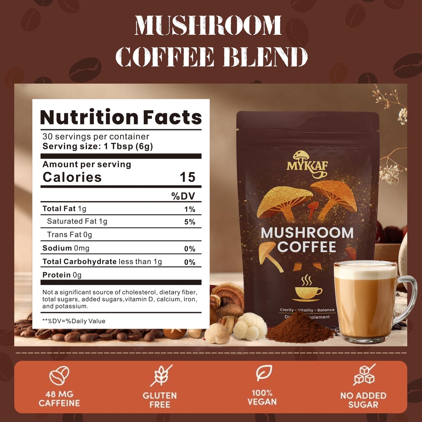 MYKAF Mushroom Coffee Powder with 2000mg Mushrooms, 6.35 oz
