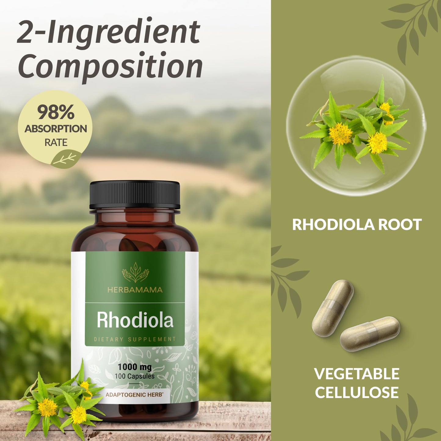 HERBAMAMA Rhodiola Rosea Supplement Capsules, 1000mg Rhodiola Rosea Extract, 200 Capsules