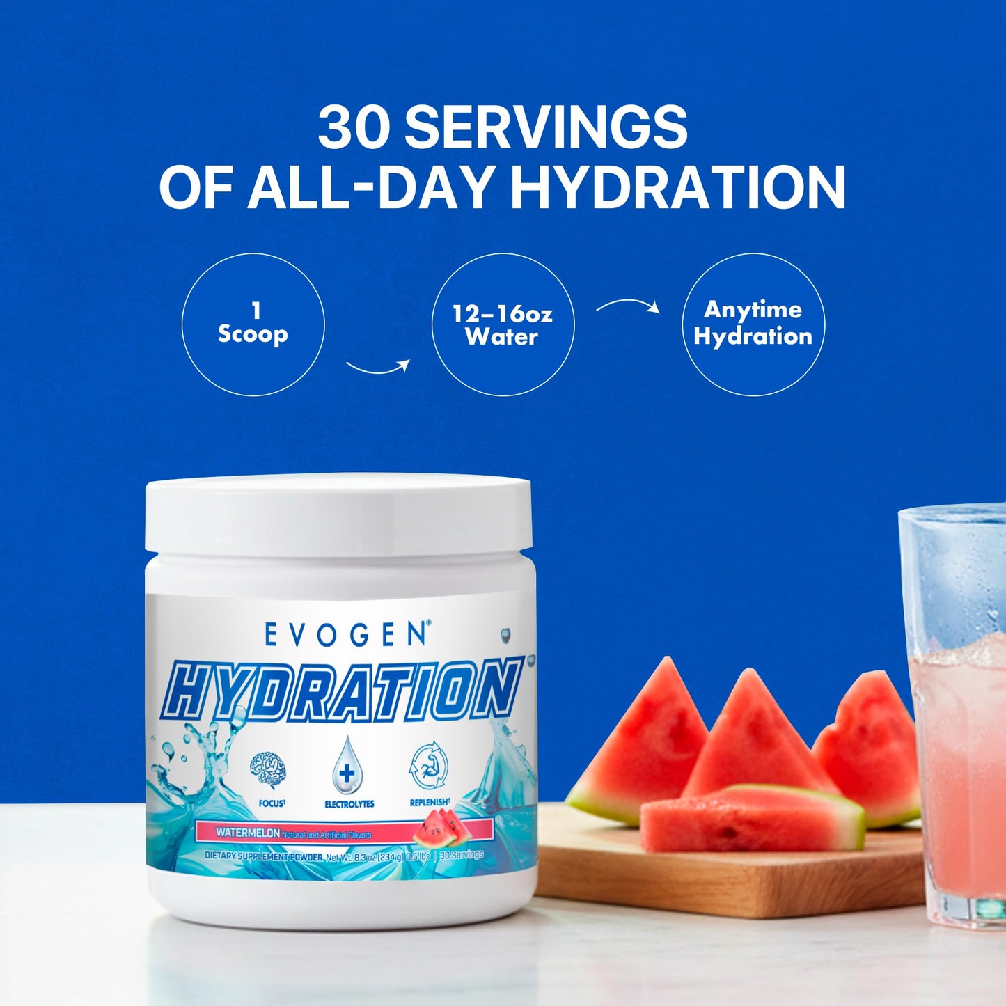 Evogen Hydration Sugar-Free Electrolytes Powder, 30 Servings