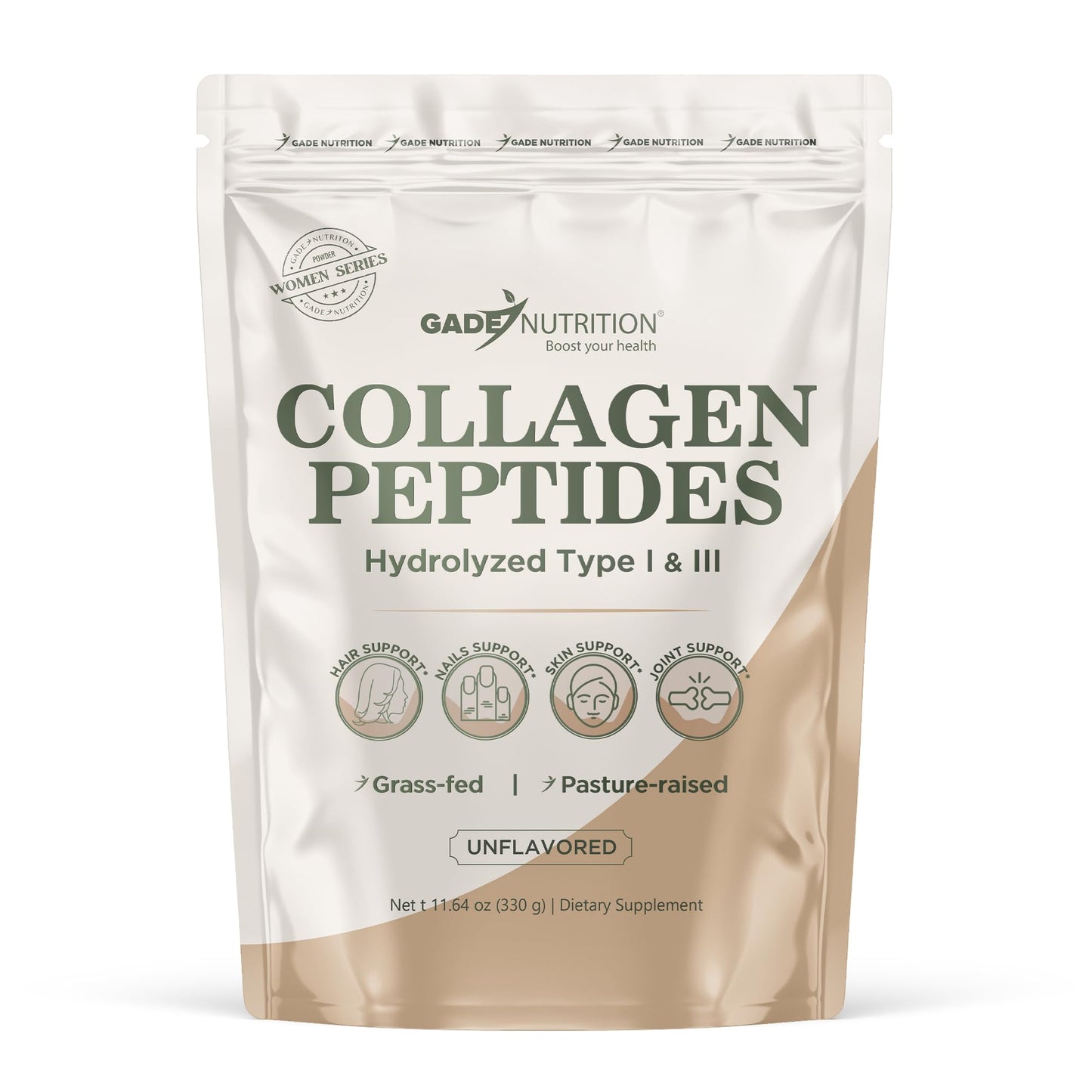 Gade Nutrition Collagen Peptides Powder Hydrolyzed Type I & III Unflavored, 11.64 oz, 30 Servings