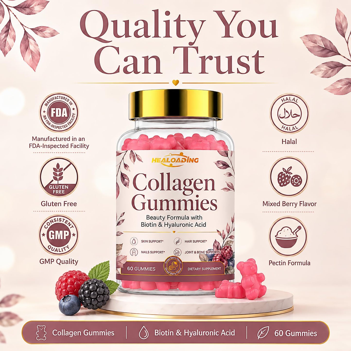 HEALOADING Collagen Gummies with Biotin & Vitamin C 60 Count