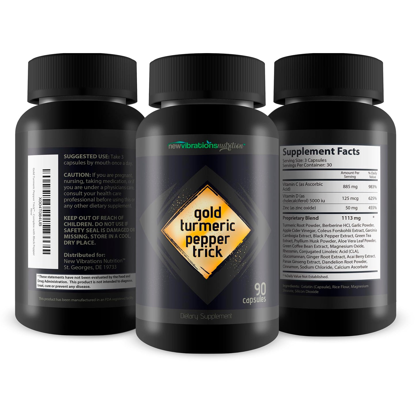 New Vibrations Nutrition Gold Turmeric Pepper Trick Capsules 90 Count