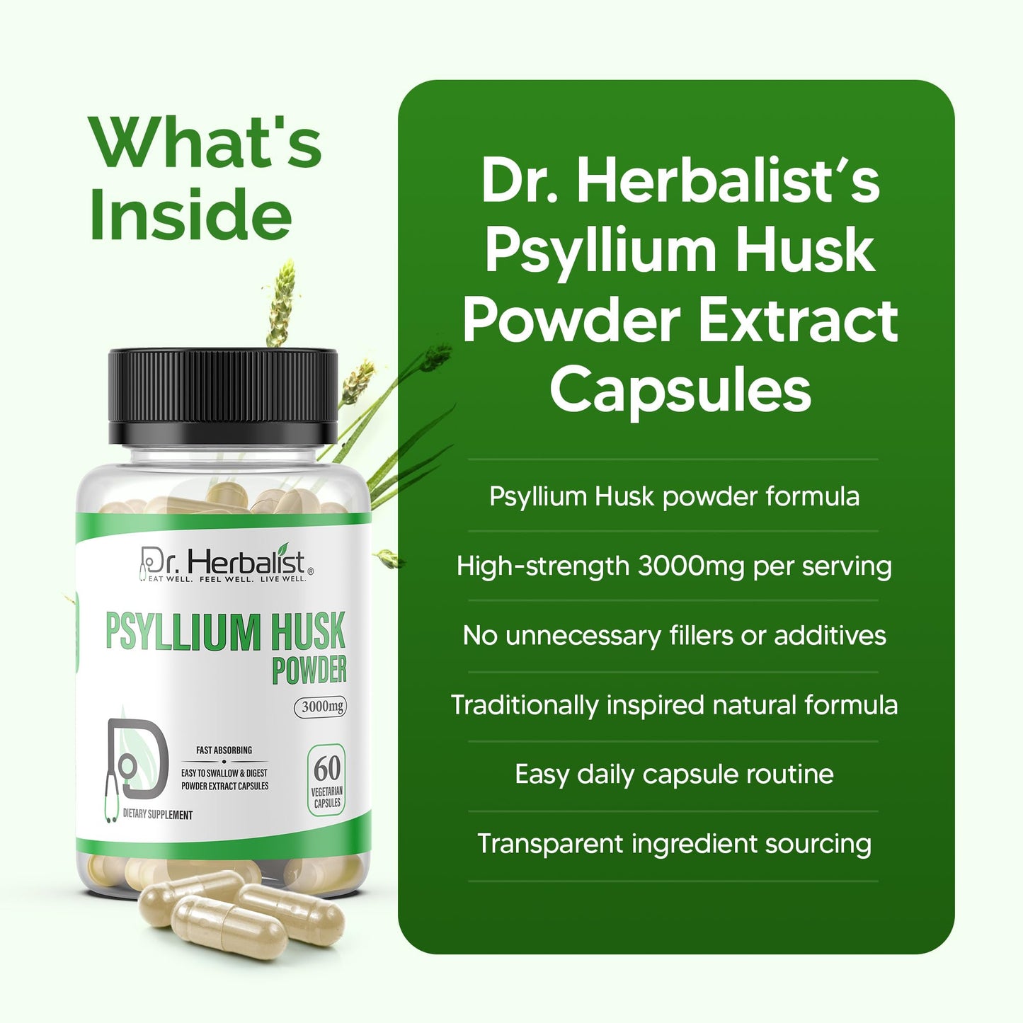 Dr. HERBALIST Psyllium Husk Powder Capsules 3000mg Soluble Fiber Supplement Plantago Ovata 60 Count