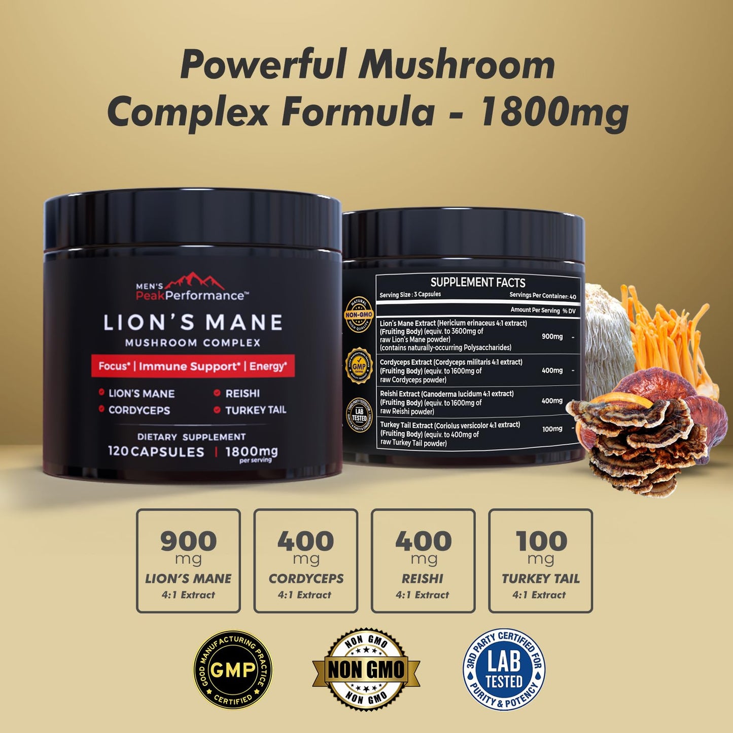 MEN'S PeakPerformance Lion's Mane Mushroom Supplement Capsules, 120 Capsules