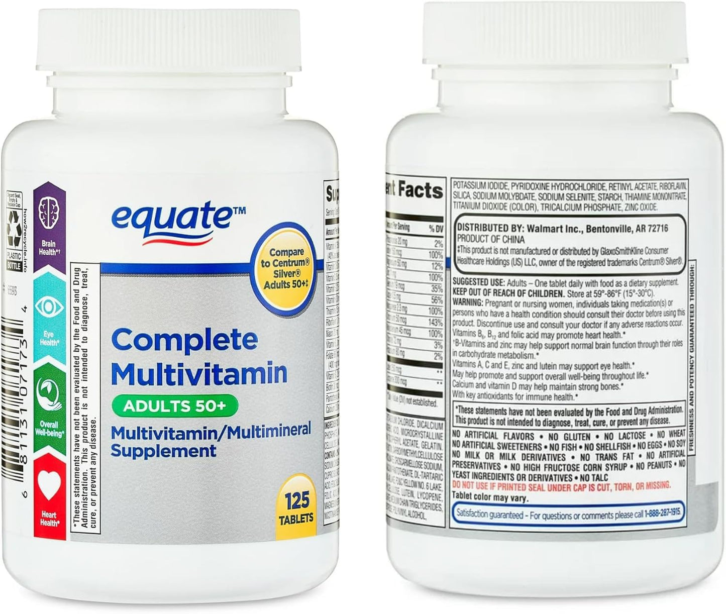 Generic Equate Adult 50+ One Daily Complete Multivitamin Multimineral Supplement 125 Tablets