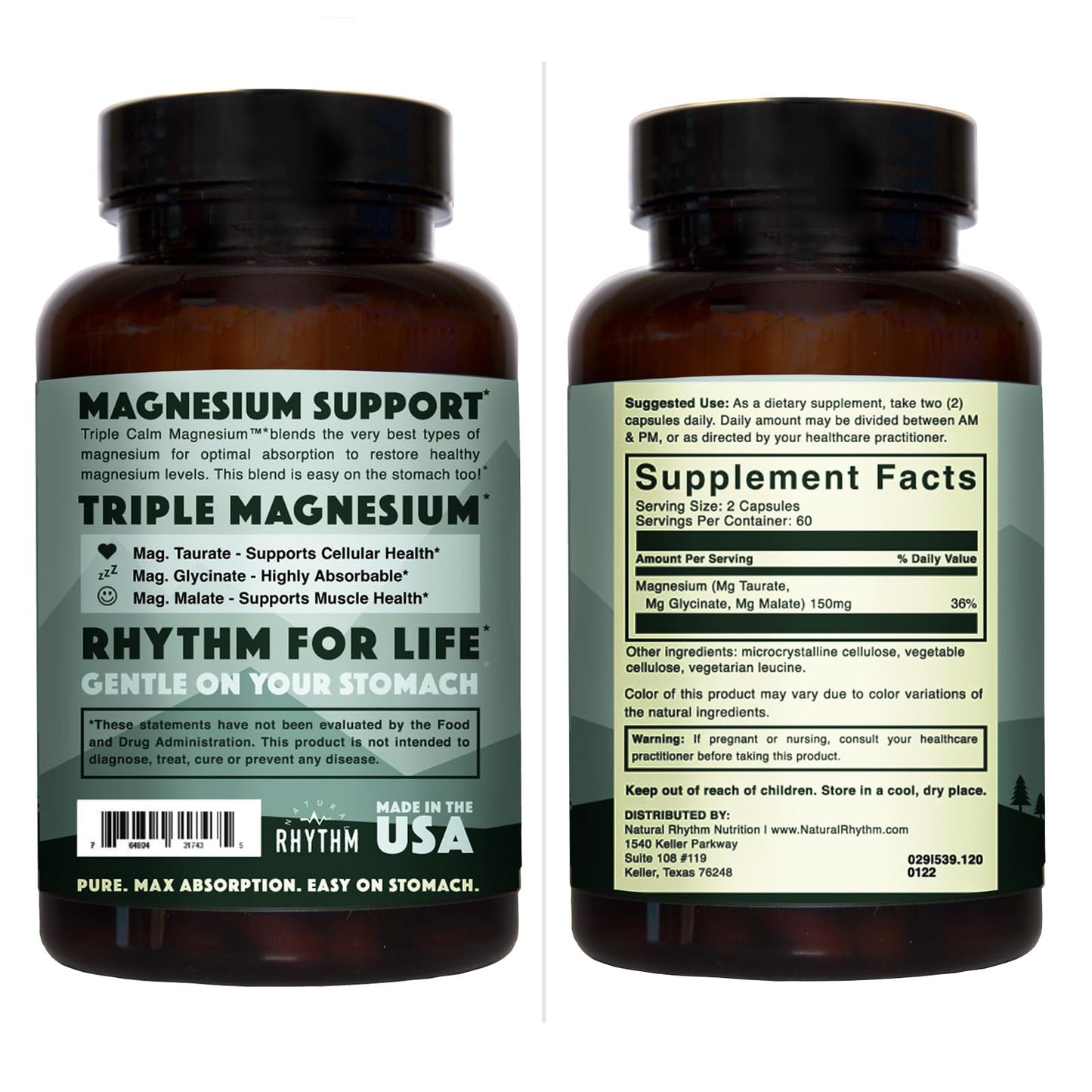 Natural Rhythm Triple Calm Magnesium 150 mg – 120 Capsules – Magnesium Complex Compound Supplement with Glycinate, Malate, and Taurate to Support Muscle, Nerve, and Cardiovascular Health