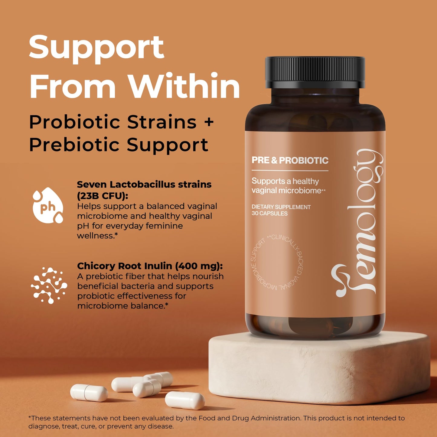 Femology Pre & Probiotic Probiotic Supplement for Vaginal pH Balance Support with 23B CFU & Inulin Prebiotic, Seven Lactobacillus Strains, 90 Capsules