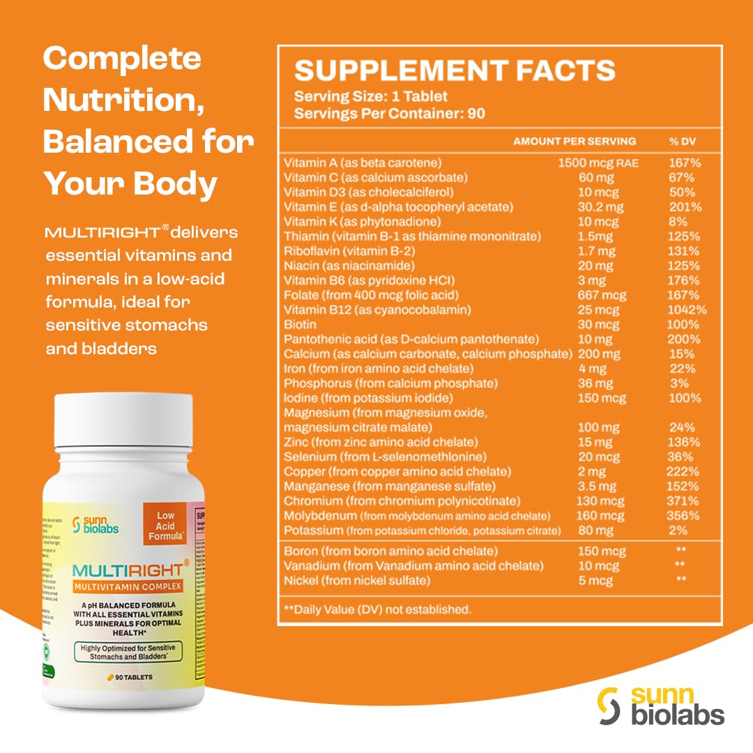 SUNN BIOLABS Multiright Low-Acid Multivitamin, Bladder-Friendly, Buffered Vitamin C, 90 Capsules