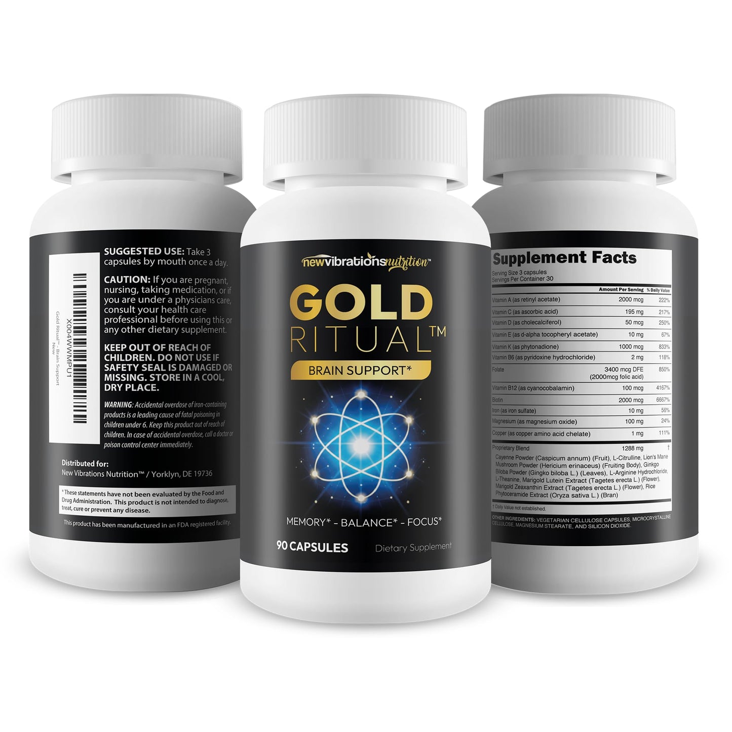 New Vibrations Nutrition Gold Ritual Advanced Memory Formula Capsules 90 Count