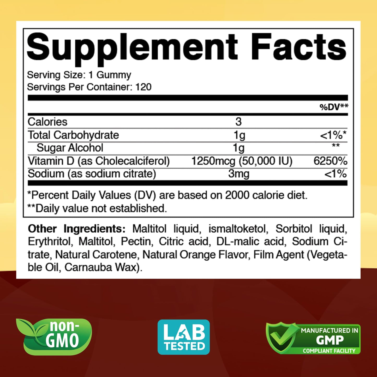 Vitabod Sugar-Free Vitamin D3 50,000 IU Weekly Gummy, 120 Count