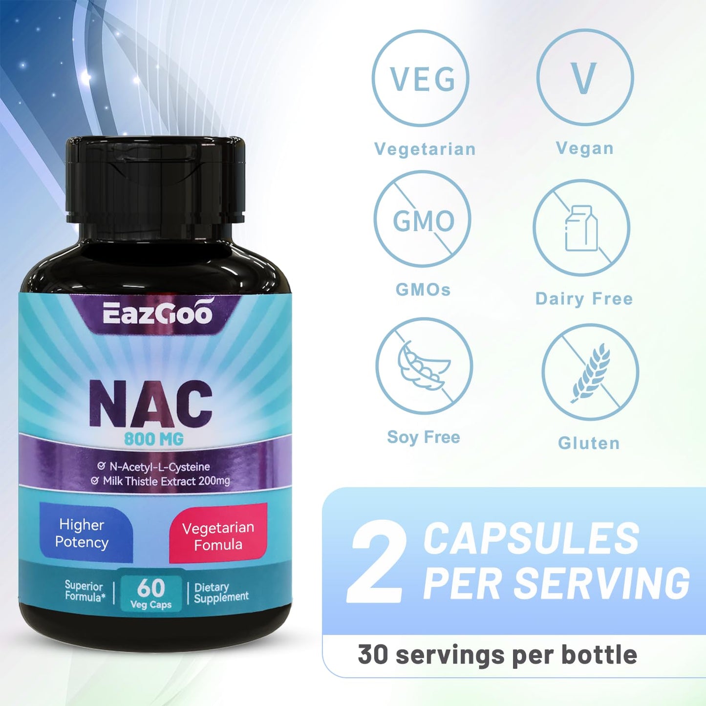 EAZGOO NAC Supplement N-Acetyl Cysteine 800mg with Milk Thistle 200mg, Non-GMO, Gluten Free, 60 Capsules