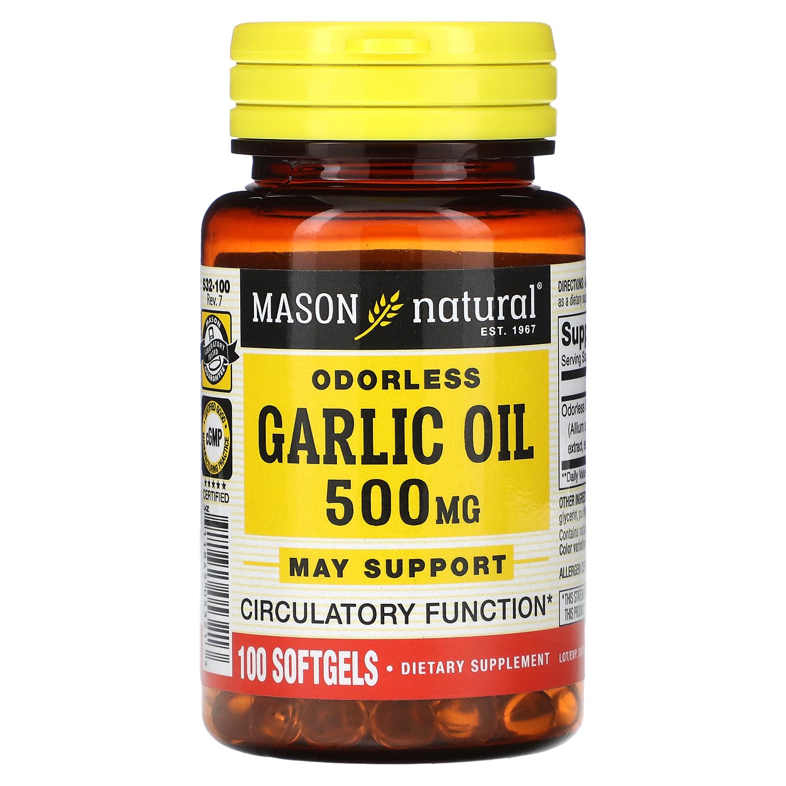 Mason Natural Garlic Oil 500mg Odorless Softgels, 100 Count
