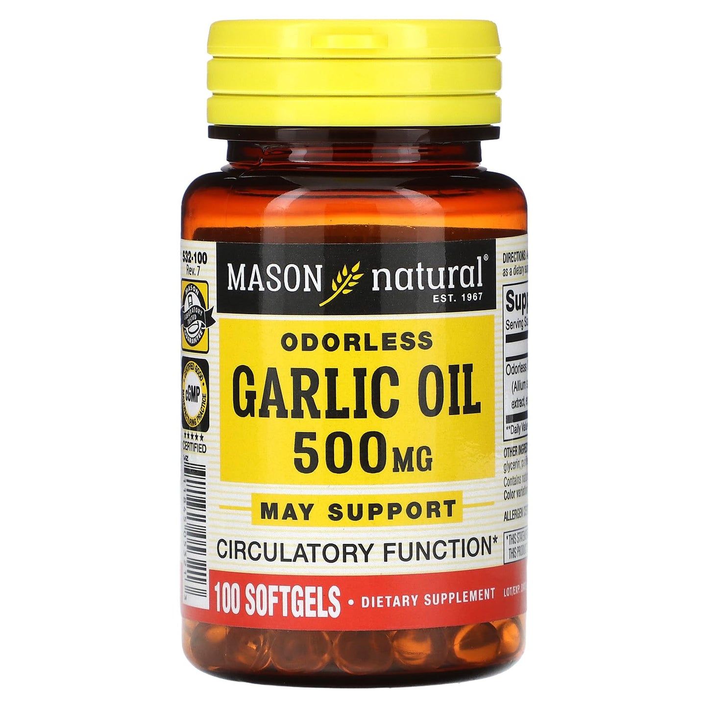 Mason Natural Garlic Oil 500mg Softgel, 100 Count