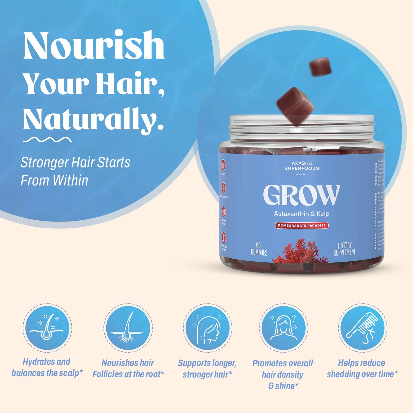 Akasha Superfoods Grow Hair & Beauty Gummies, 60 Count