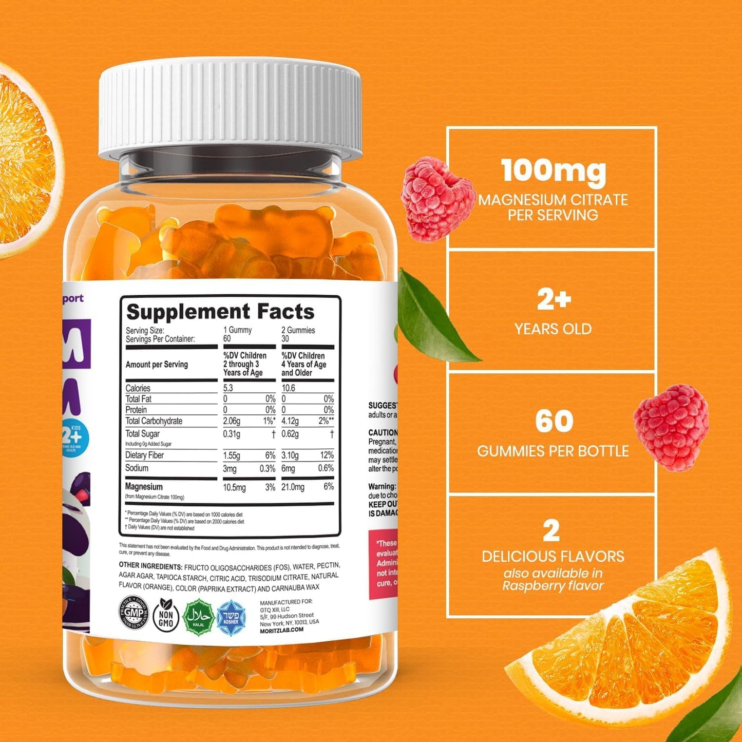 DR. MORITZ Sugar-Free Calm Magnesium Gummies for Kids and Adults - Non-GMO Magnesium Citrate Gummies - Orange Flavor, 120 Gummies