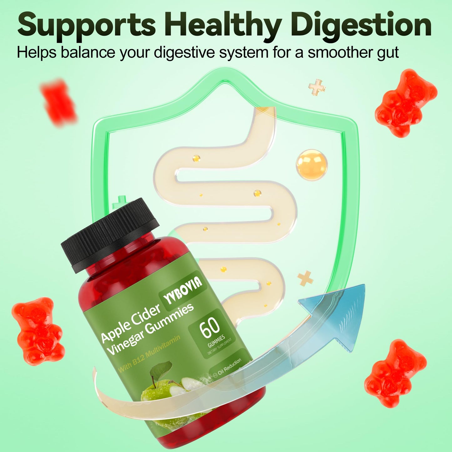 Yvbovia Apple Cider Vinegar Gummies with B12, ACV Supplement, Gluten Free, Vegan, Non-GMO, 60 Gummies