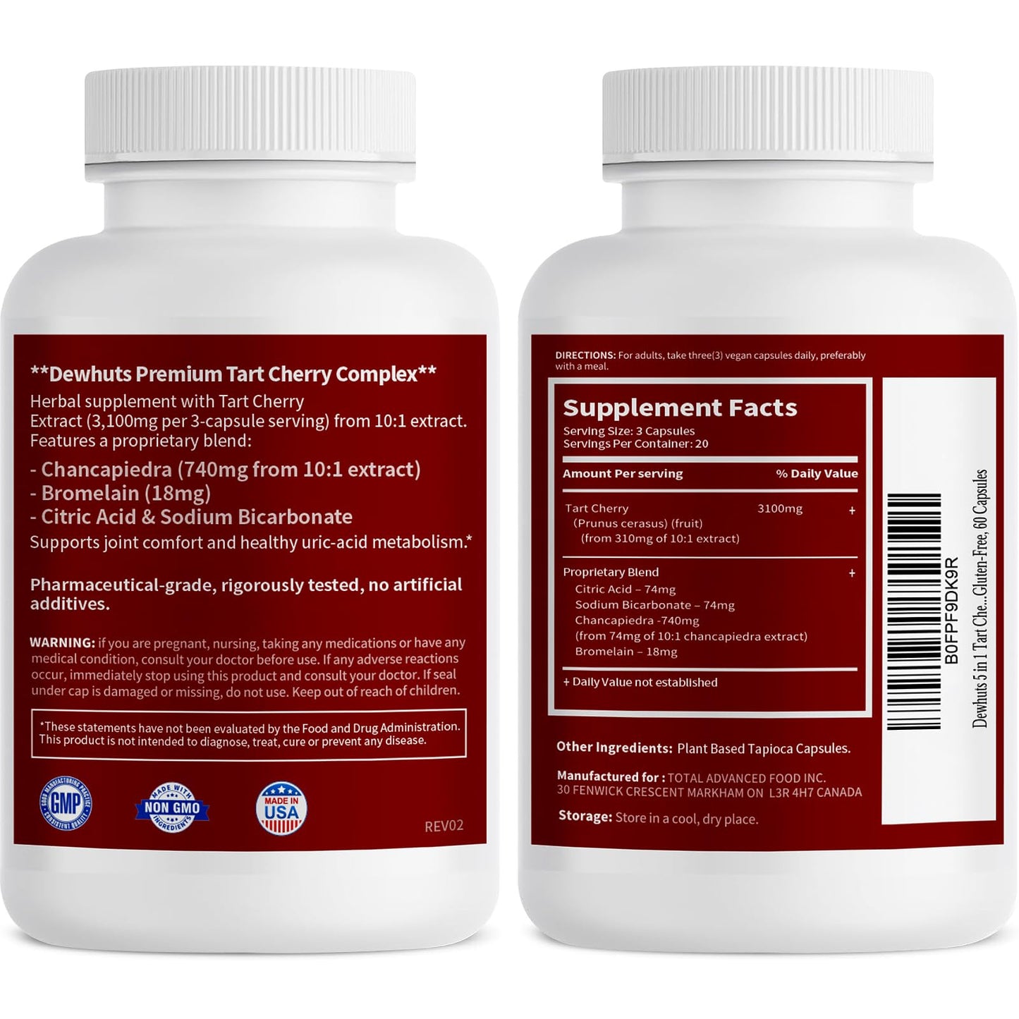 Dewhuts 5 in 1 Tart Cherry Extract 3100mg with Bromelain & Chanca Piedra Capsules, 60 Count