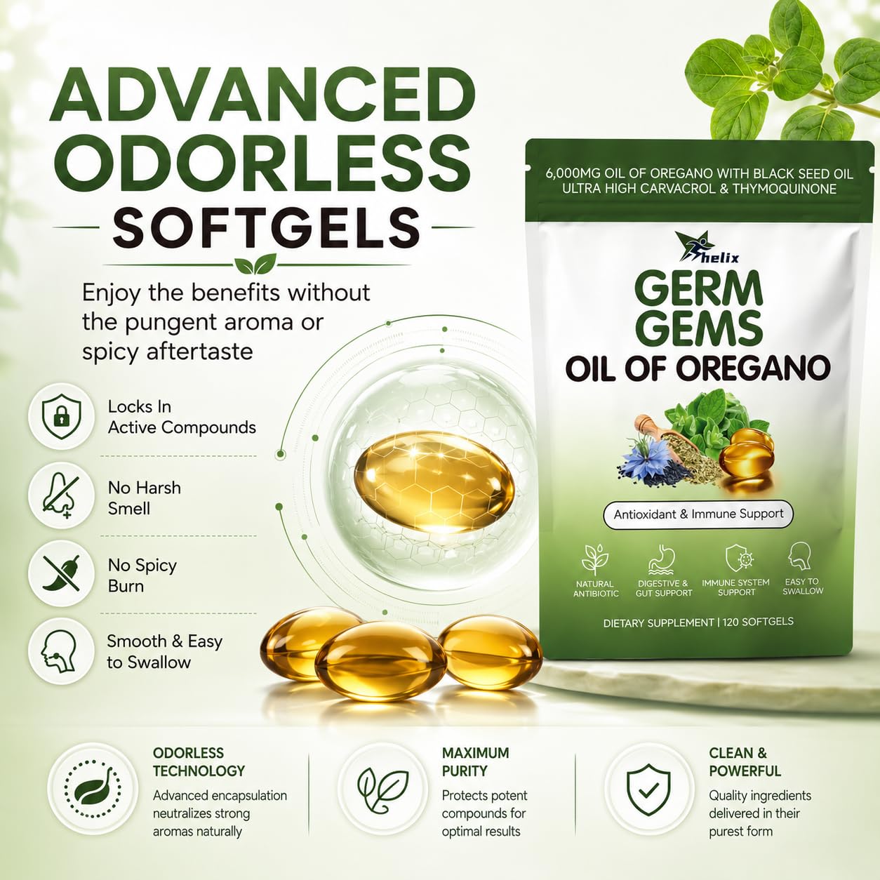 HerSpark Helix Germ Gems Oil of Oregano Softgels with Black Seed Oil, 120 Capsules