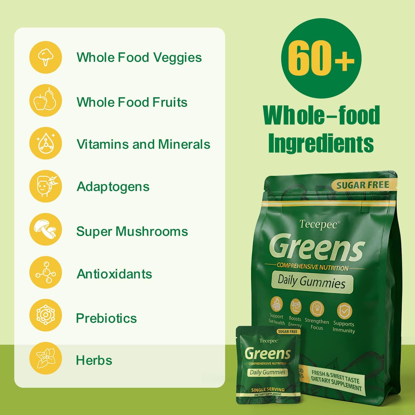 Tecepec Sugar Free Greens Daily Gummies with Spirulina & Chlorella 240 Count